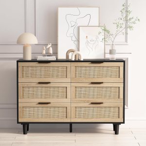 Targern Cómoda de ratán de 6 cajones, cómoda moderna de mediados de siglo con cajones anchos, armario bohemio con cajones para dormitorio, sala de Targern Cómoda de ratán de 6 cajones, cómoda moderna de mediados de siglo con cajones anchos, armario bohemio con cajones para dormitorio, sala de