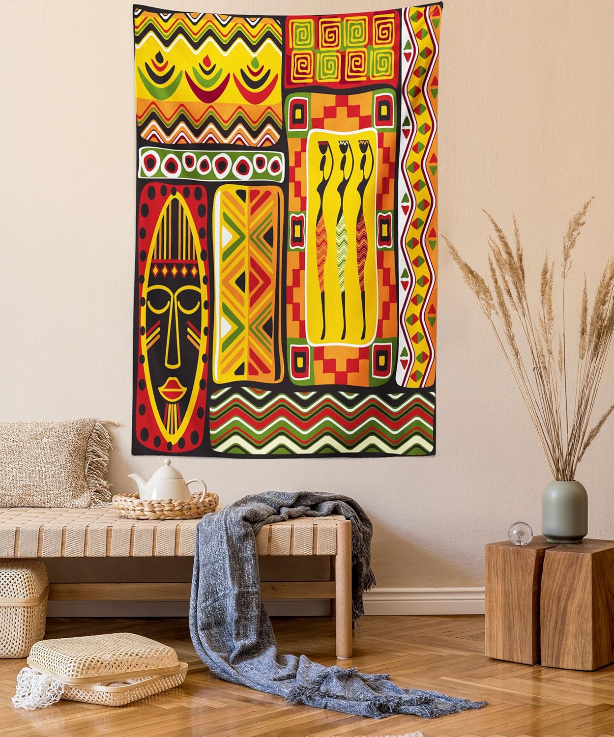 Ambesonne Tapiz africano, elementos históricos originales a rayas y rectangulares, diseño para colgar en la pared para dormitorio, sala de estar,