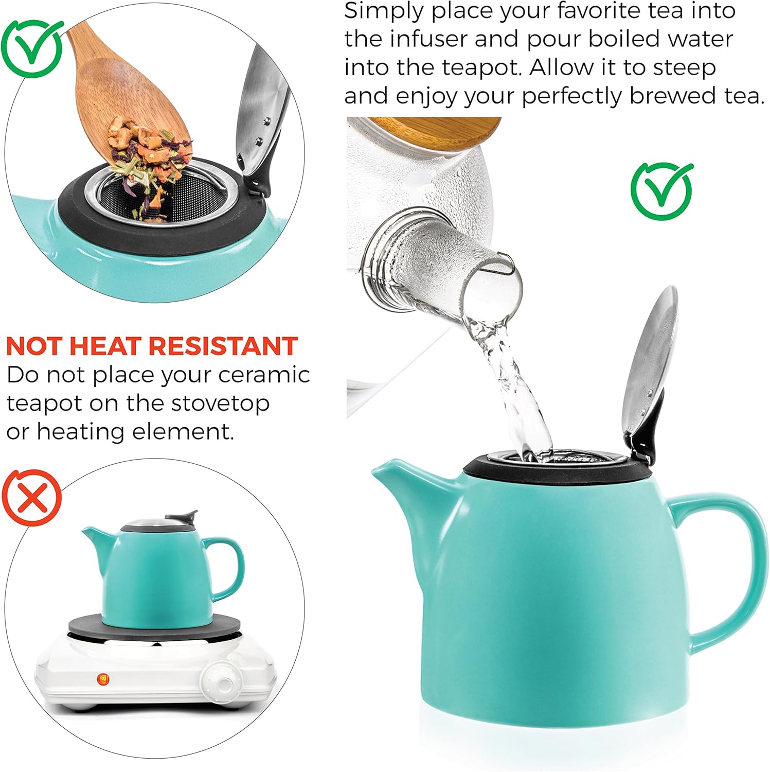 Tealyra – Tetera pequeña de cerámica Drago Turquesa – 22oz (2-3 tazas) – Con tapa de acero inoxidable e infusor extrafino para té de hojas sueltas –
