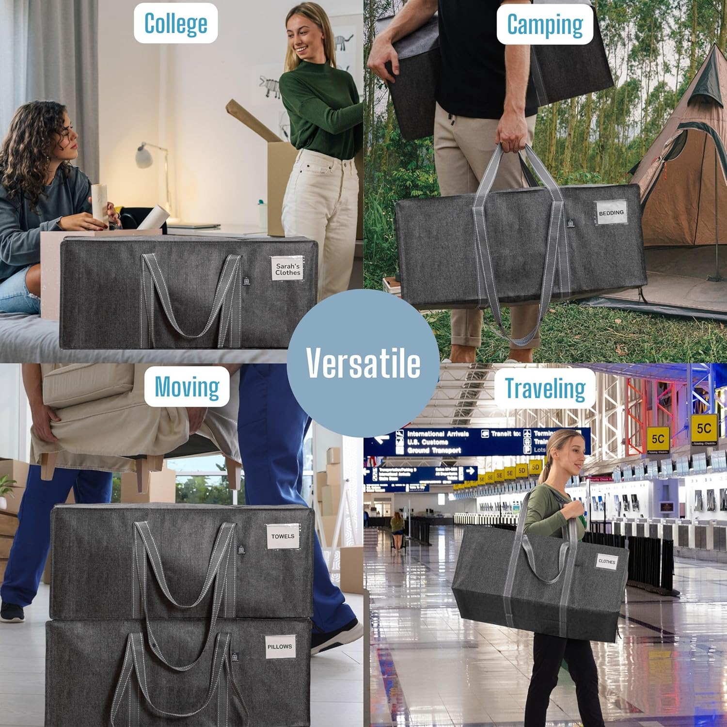 VENO Paquete de 4 bolsas de mudanza resistentes para mudanzas universitarias, suministros de mudanza extra grandes, bolsas de almacenamiento
