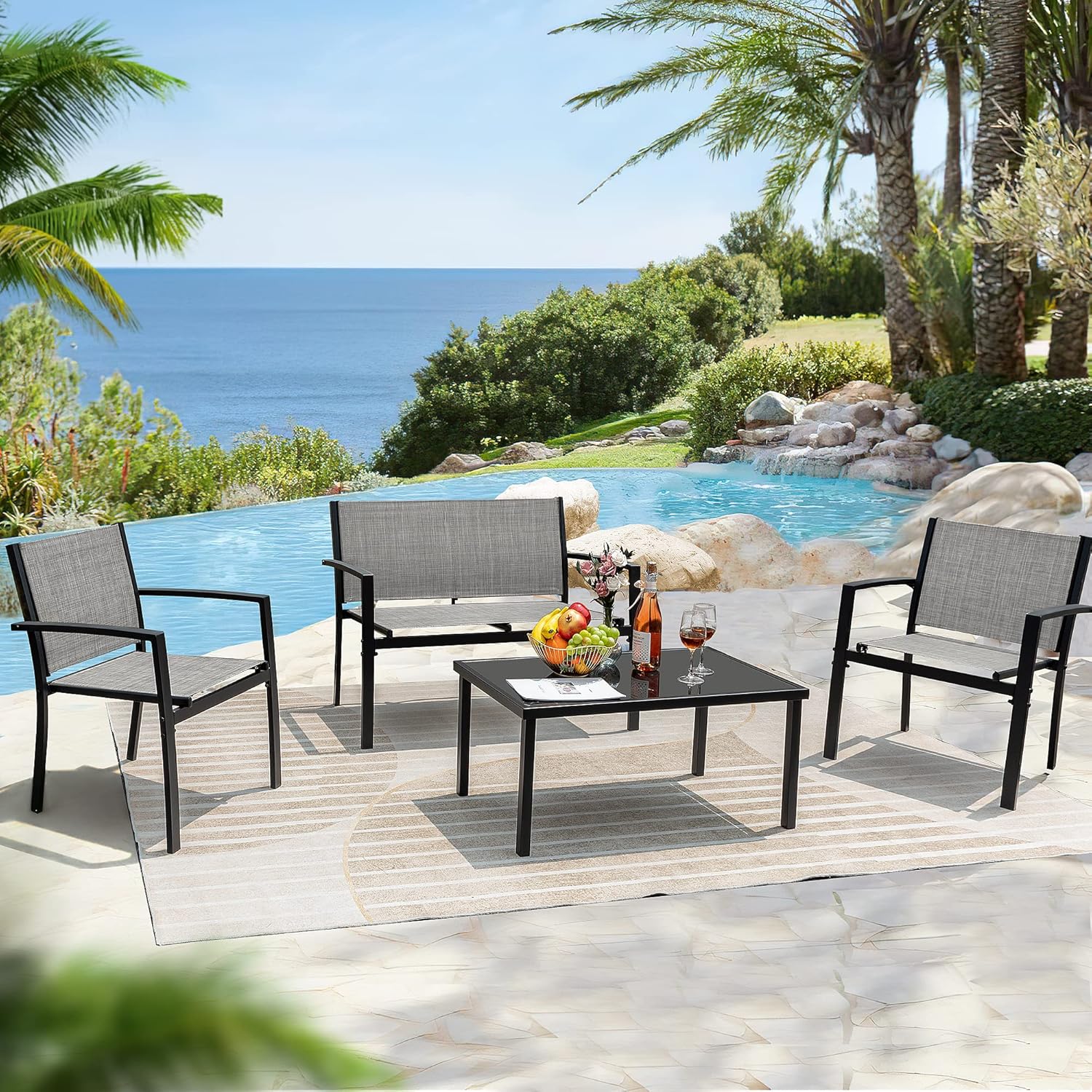Flamaker Juego de 4 muebles de patio para exteriores, muebles de patio al aire libre, juego de bistró de textileno, juego de conversación moderno,