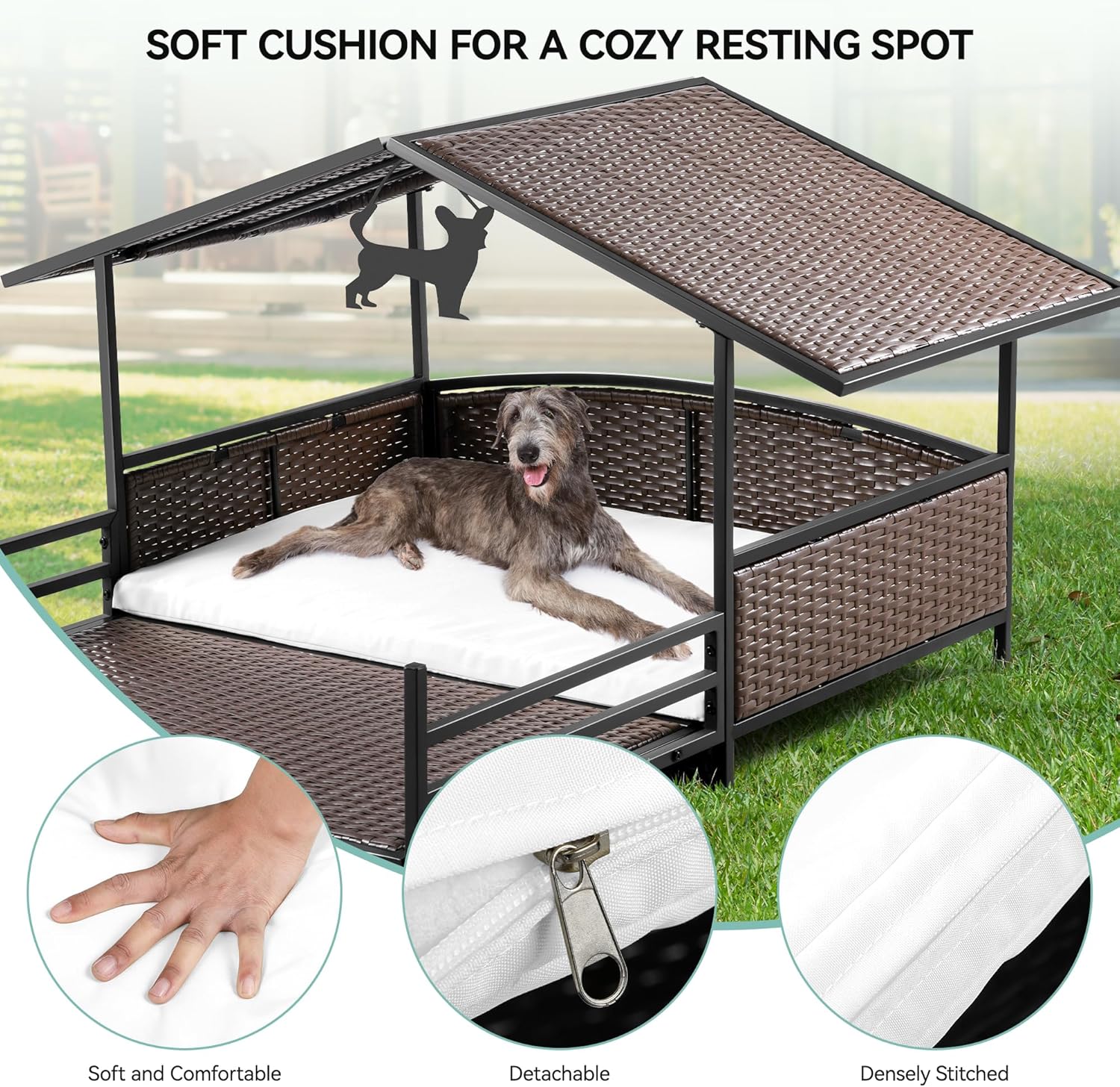 YITAHOME Casa grande de mimbre para perros de 32.9 pulgadas con cojín para interiores y exteriores, cama elevada para perros con dosel, resistente