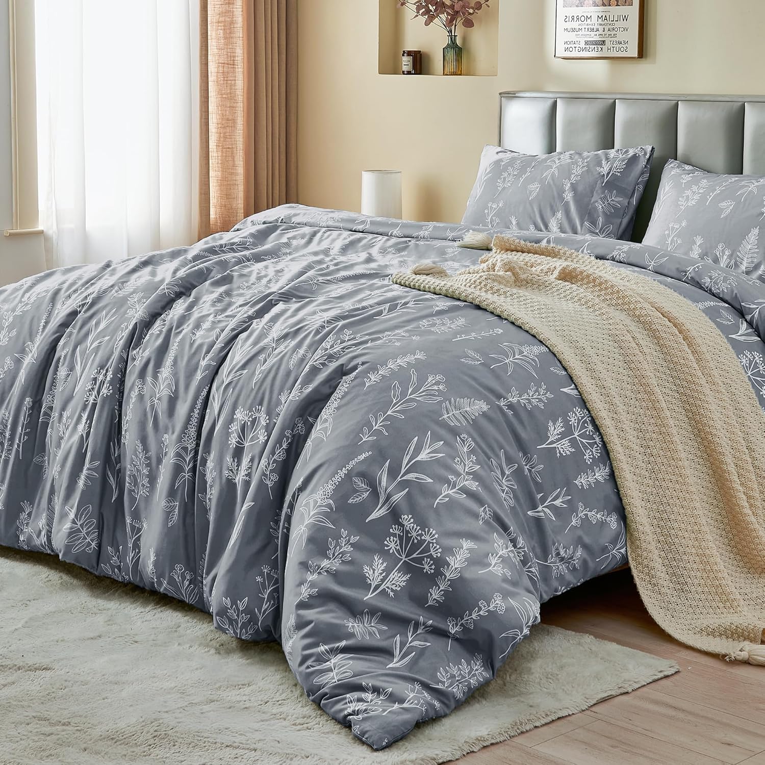 Juego de funda de edredón tamaño King, reversible floral gris con cierre de cremallera, juego de ropa de cama de microfibra suave de 3 piezas con