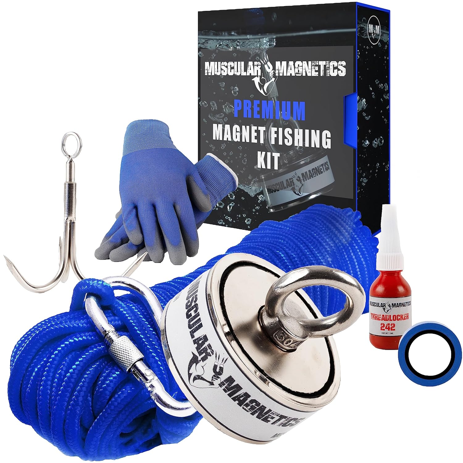 Paquete de pesca con imán de 1225lb de doble cara, incluye cuerda de alta resistencia de 6mm de diámetro y 100 pies de longitud, mosquete, guantes