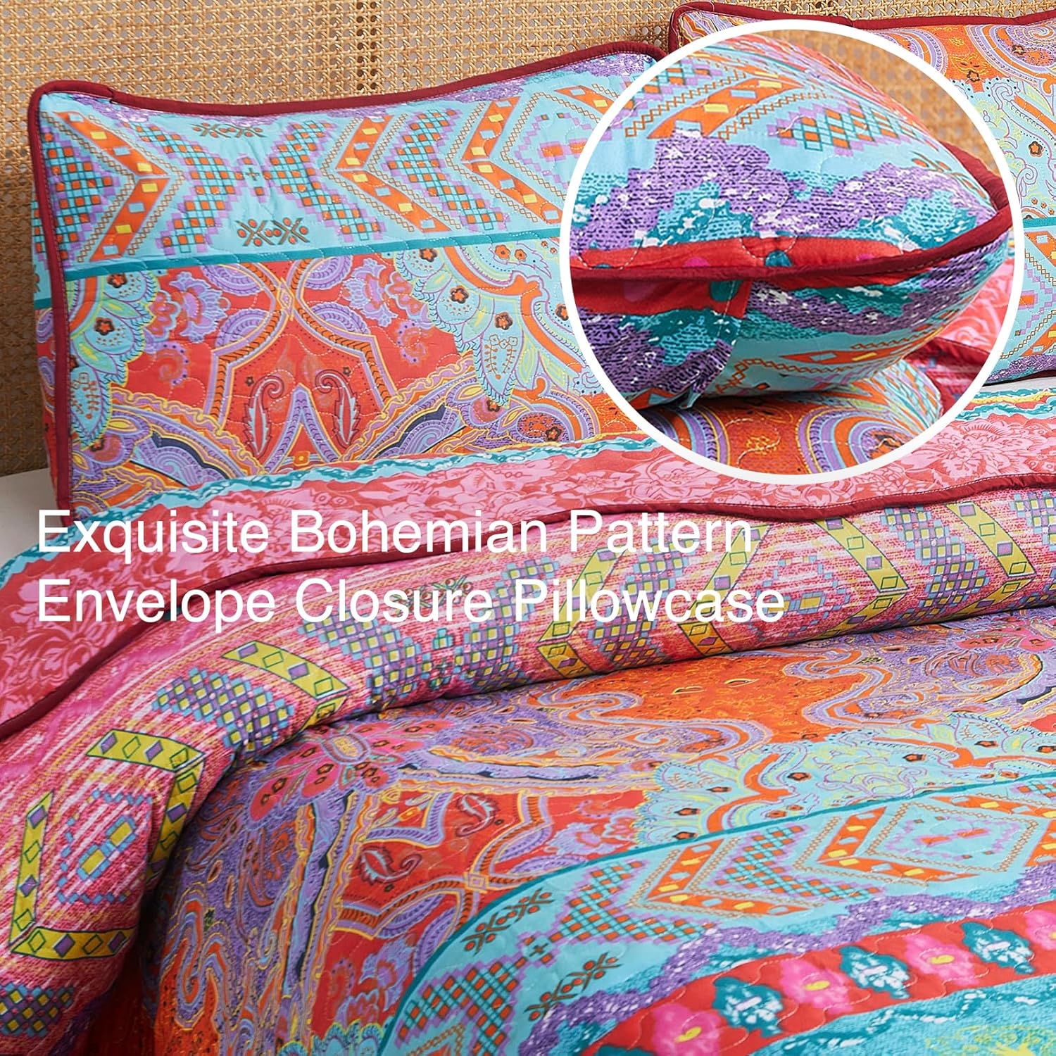 8HMOON Juego de edredón bohemio tamaño King, suave, bohemio, estampado floral, colcha de verano, colcha de microfibra ligera, reversible, colorido,