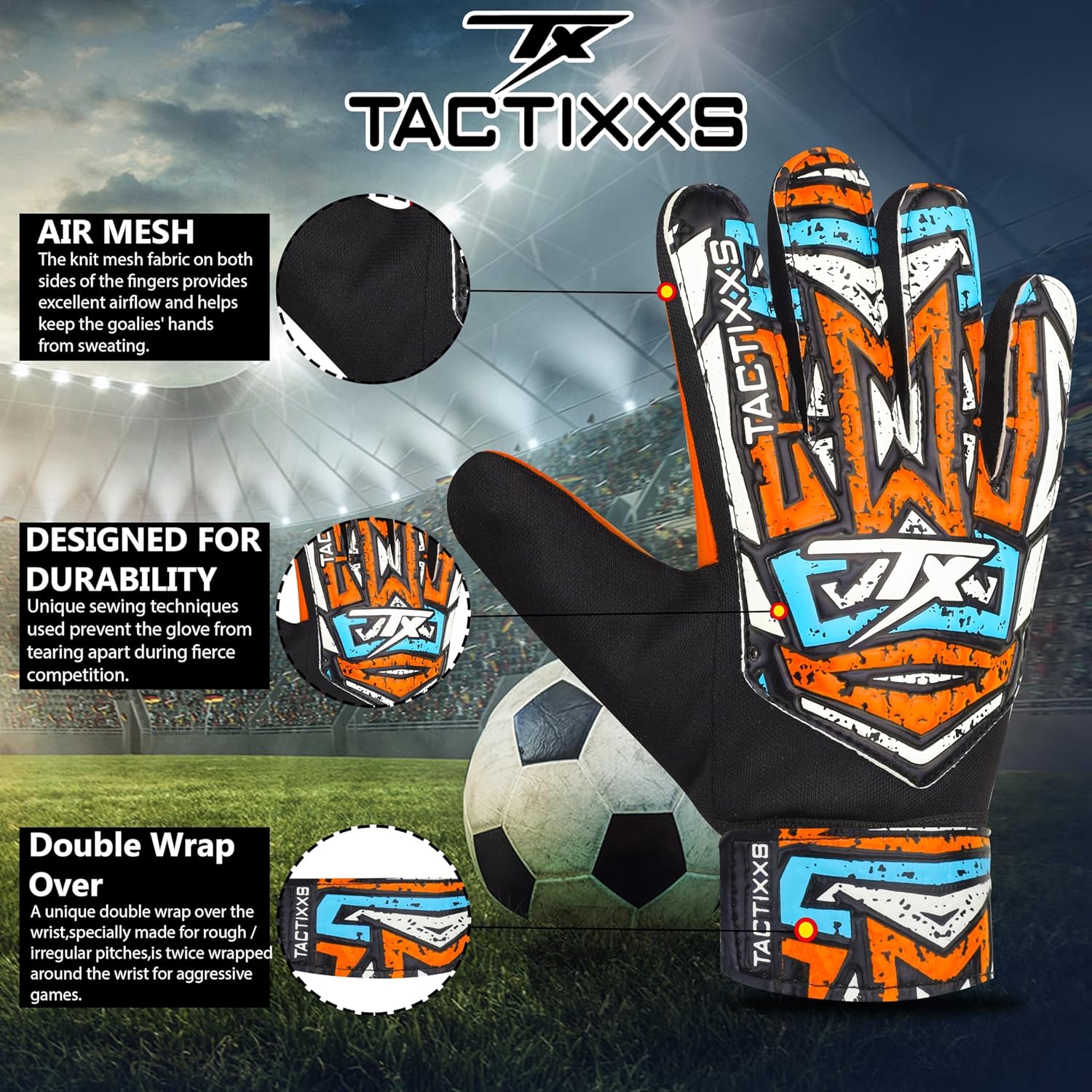 TACTIXXS Guantes de portero de fútbol para niños y jóvenes, guantes de portero de fútbol Funky antideslizantes de 0.157 in de látex con agarre fuerte