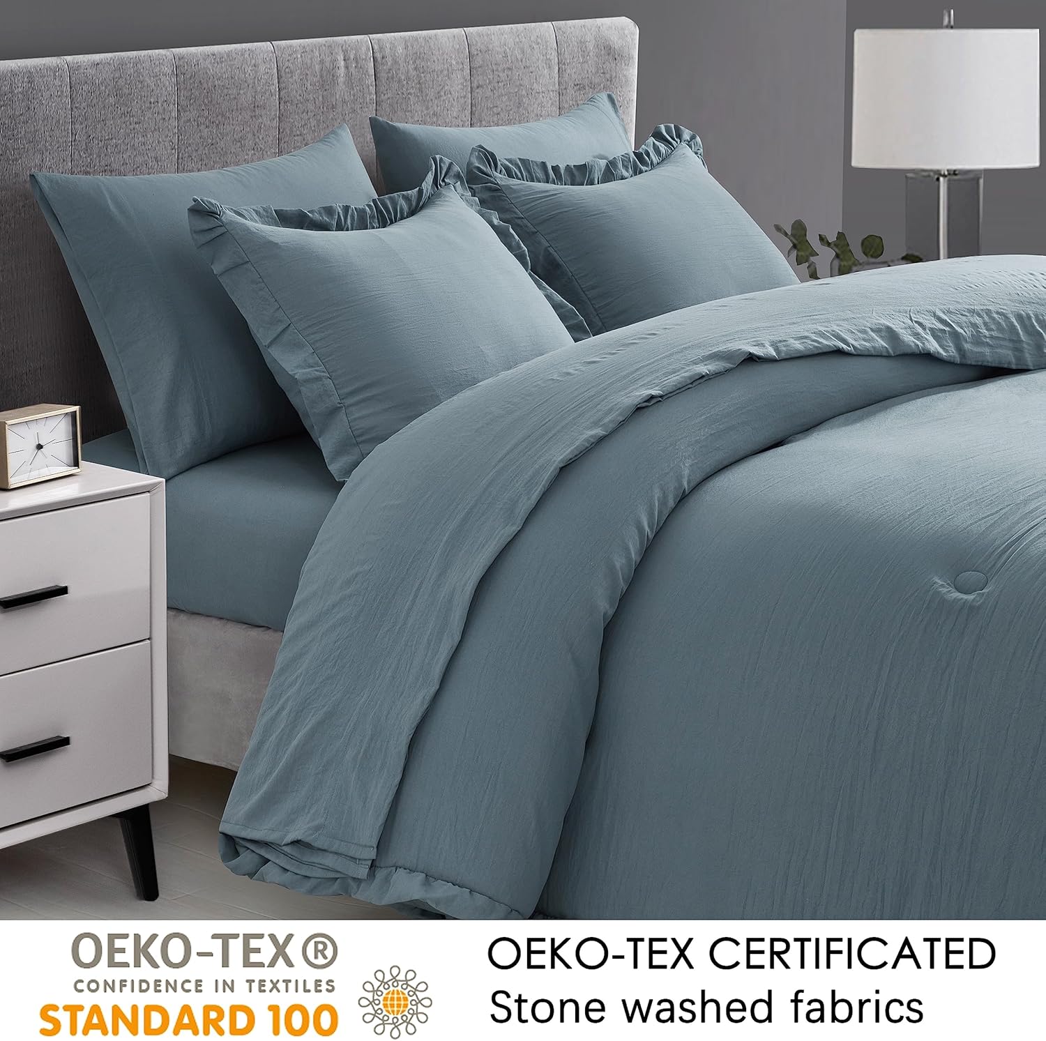 Chezmoi Collection Eleanora – Juego de cama Queen extragrande en una bolsa, 7 piezas con borde de volados, microfibra lavada a piedra con sábanas,