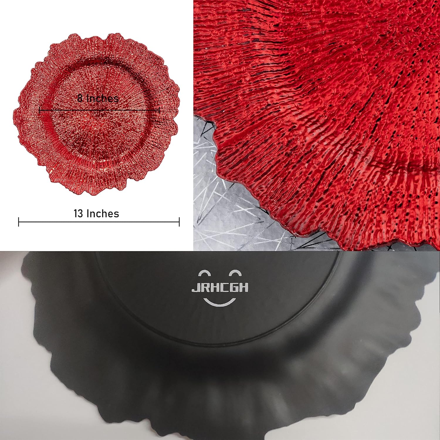 Juego de 6 platos rojos redondos de 13 pulgadas, cargadores de arrecife de plástico para platos de cena, suministros de boda para todas las