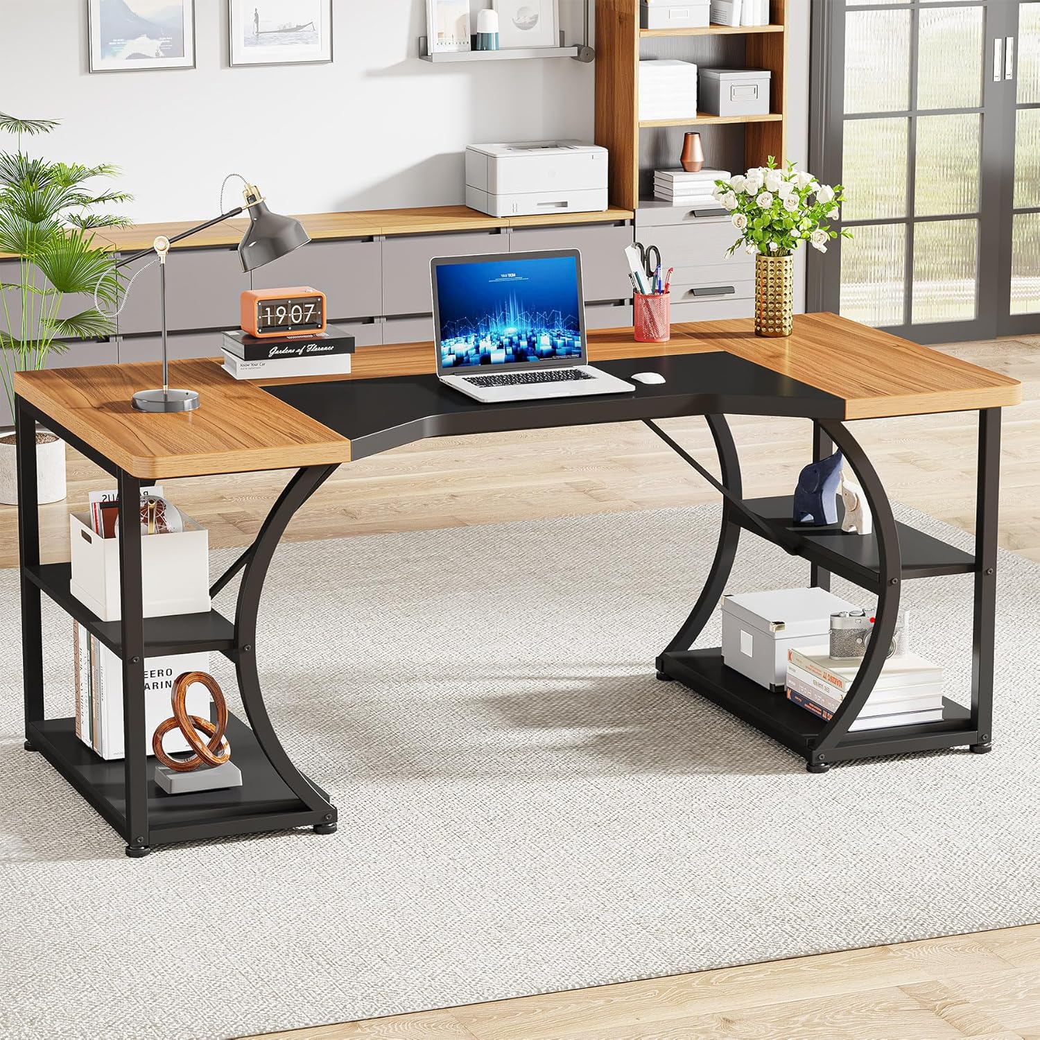 Tribesigns Escritorios de oficina en casa de 63 pulgadas con estantes de almacenamiento y borde curvado ergonómico, mesa de computadora de oficina