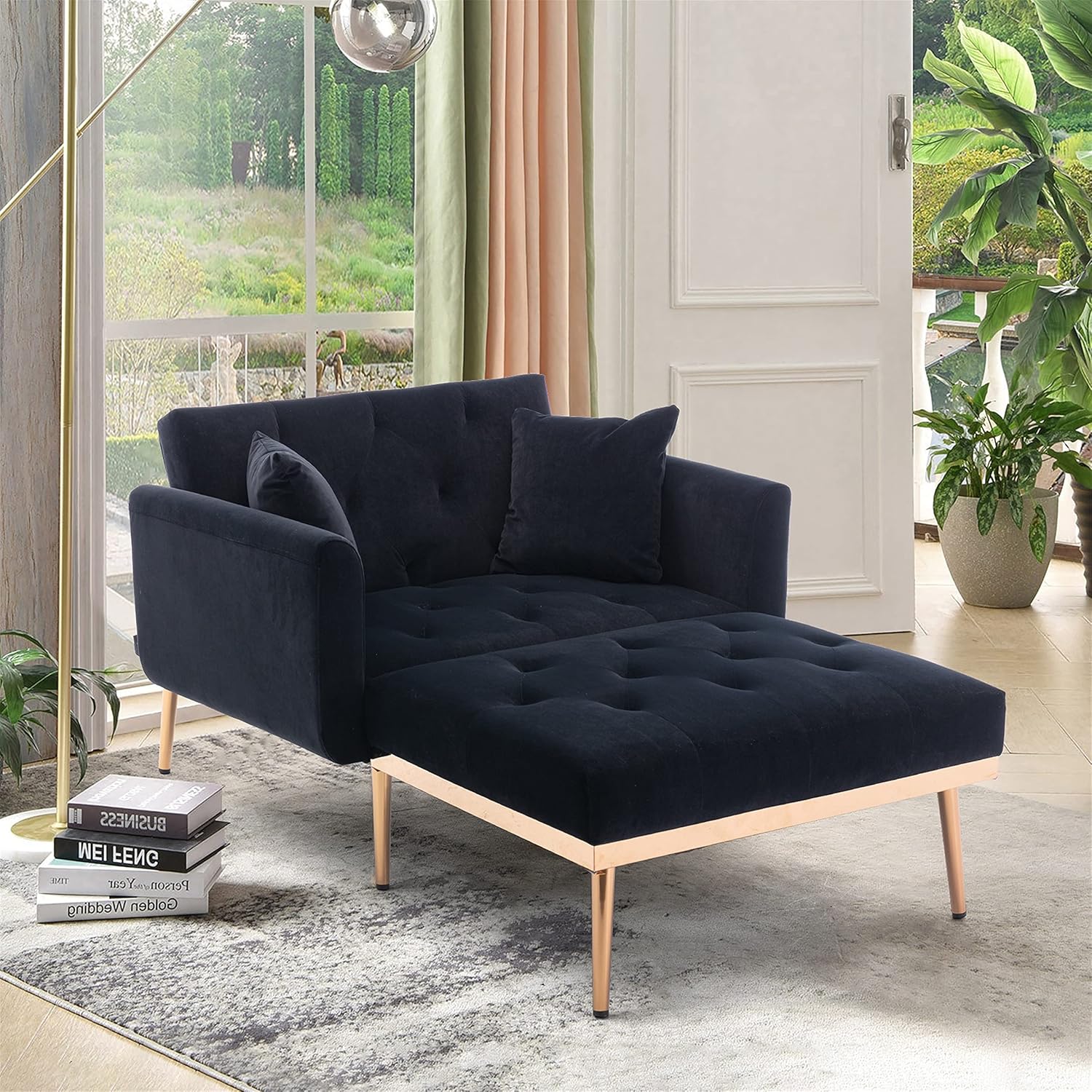 HomSof Sofá cama de terciopelo con respaldo ajustable y acolchado grueso, silla reclinable convertible con patas de metal dorado rosa
