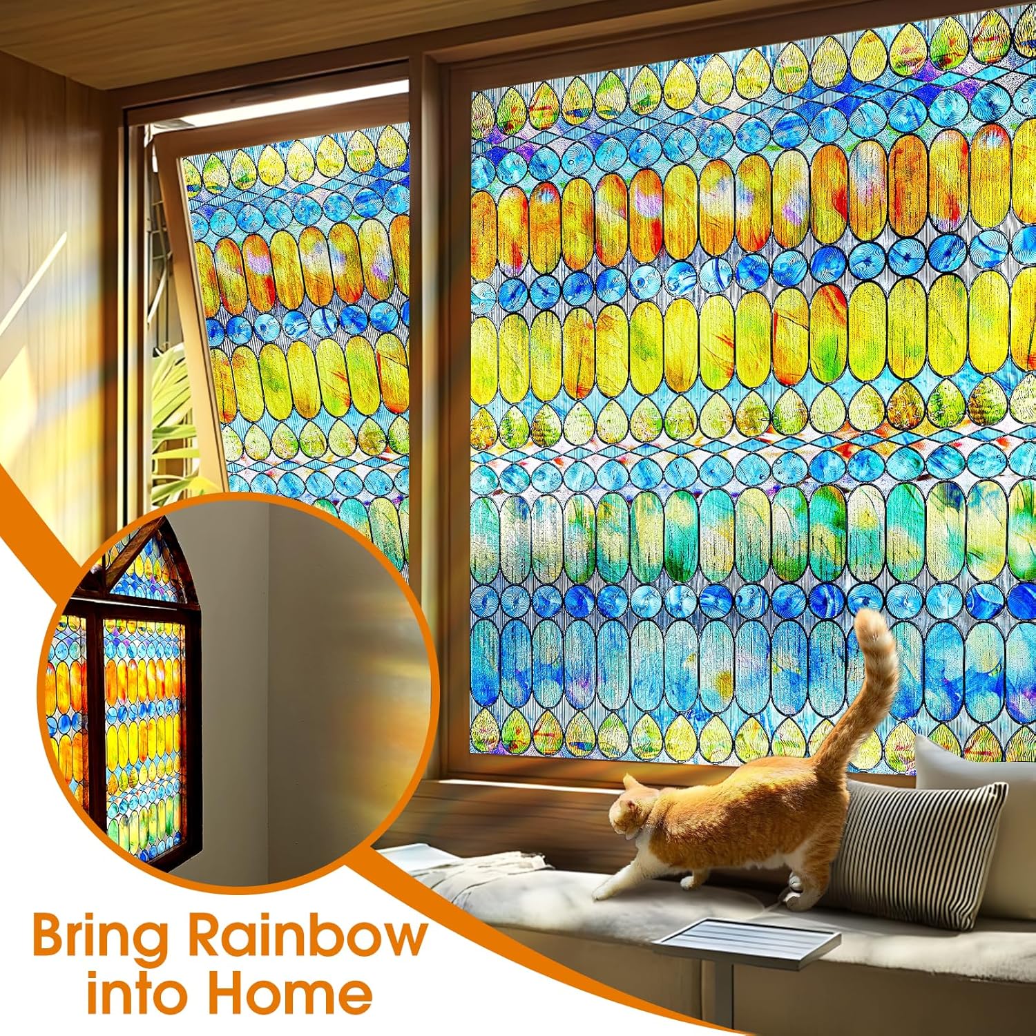 Película 3D de vidrieras para ventana Película de privacidad para ventana de arco iris, decoraciones coloridas para ventanas para el hogar, película
