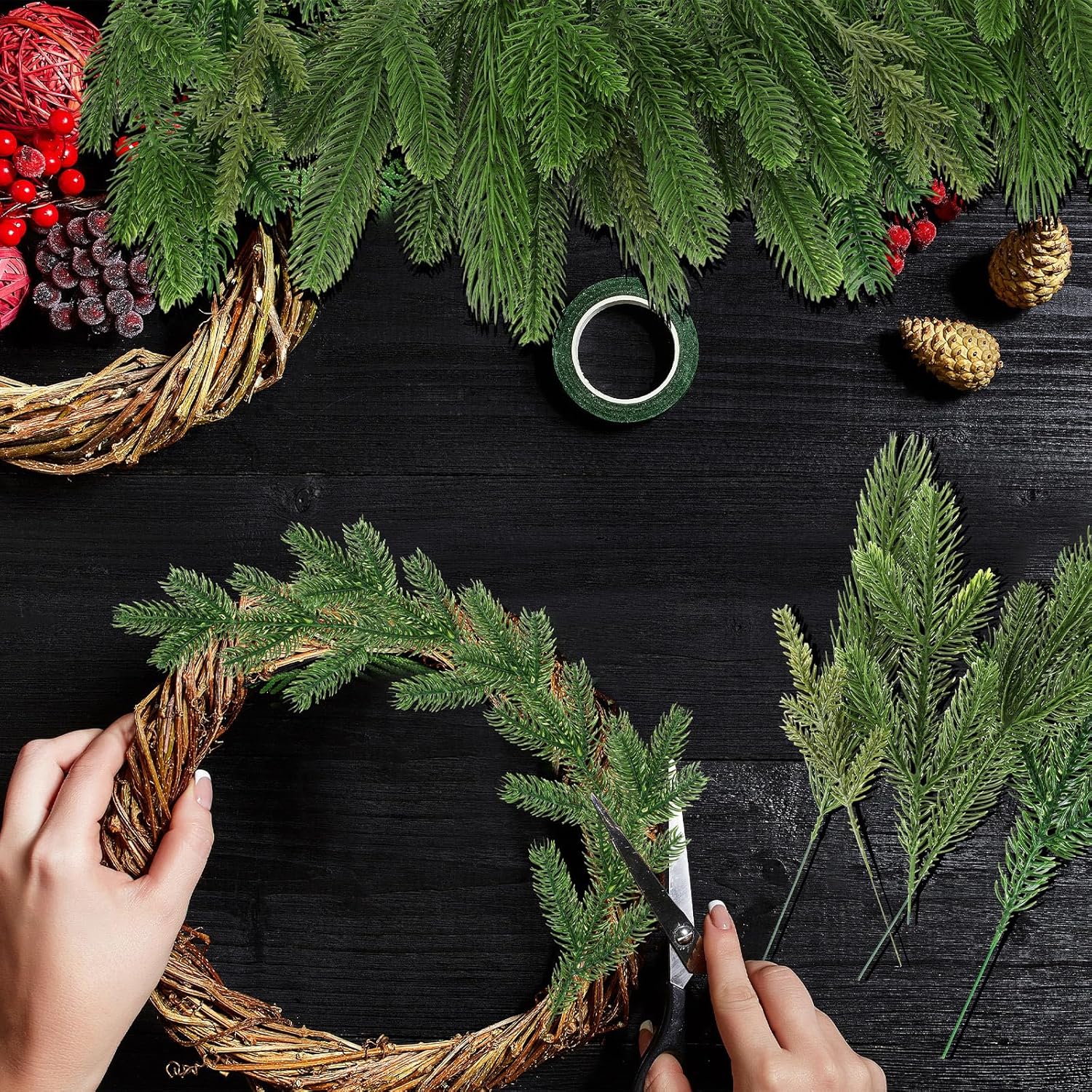 200 agujas de pino artificiales de Navidad, ramas, guirnalda de plantas verdes, agujas de pino, ramas decorativas de Navidad, decoración de pino,