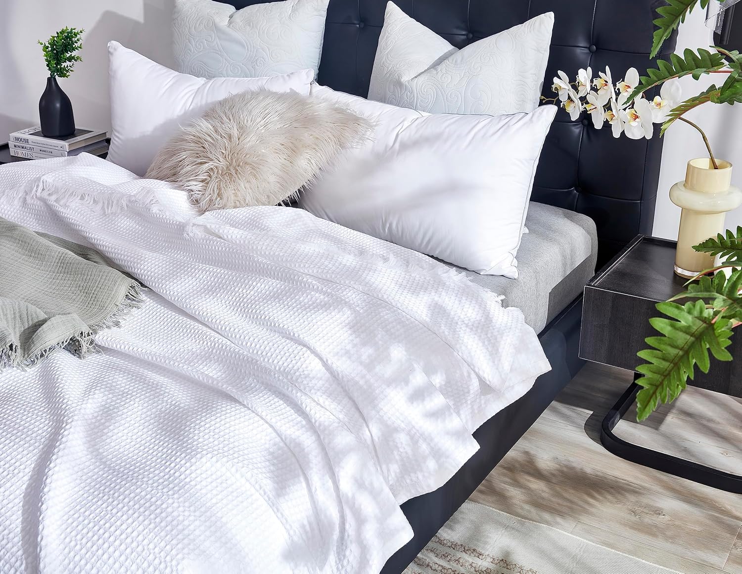Manta de punto gofre 100% algodón de 90 x 90 pulgadas con borla, ligera, prelavada, suave, transpirable, manta perfecta para decoración de