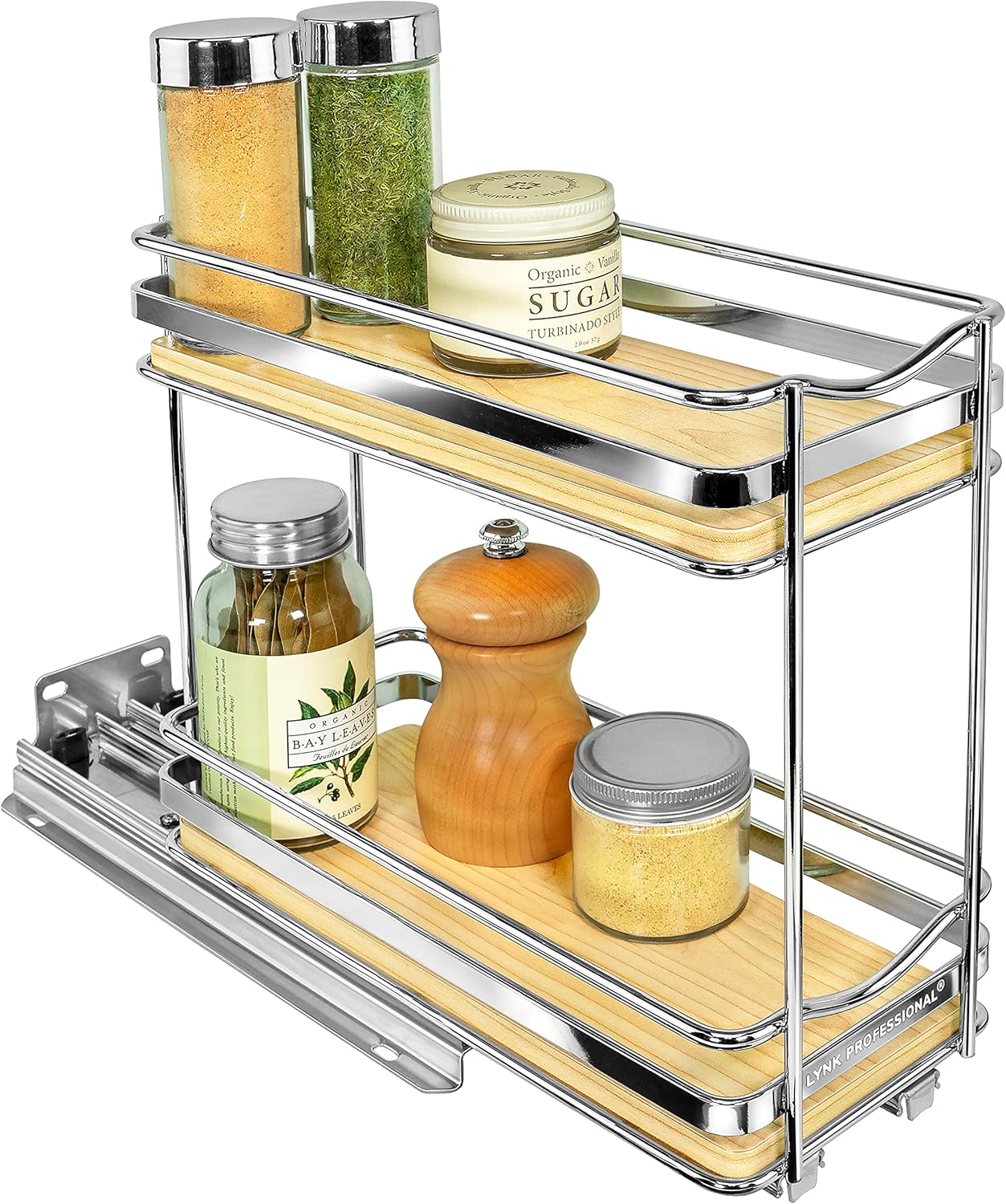 LYNK PROFESSIONAL Élite – Organizador extraíble de especias para armario, 4-14 pulgadas de ancho, estante deslizante, organizador de madera y cromo,