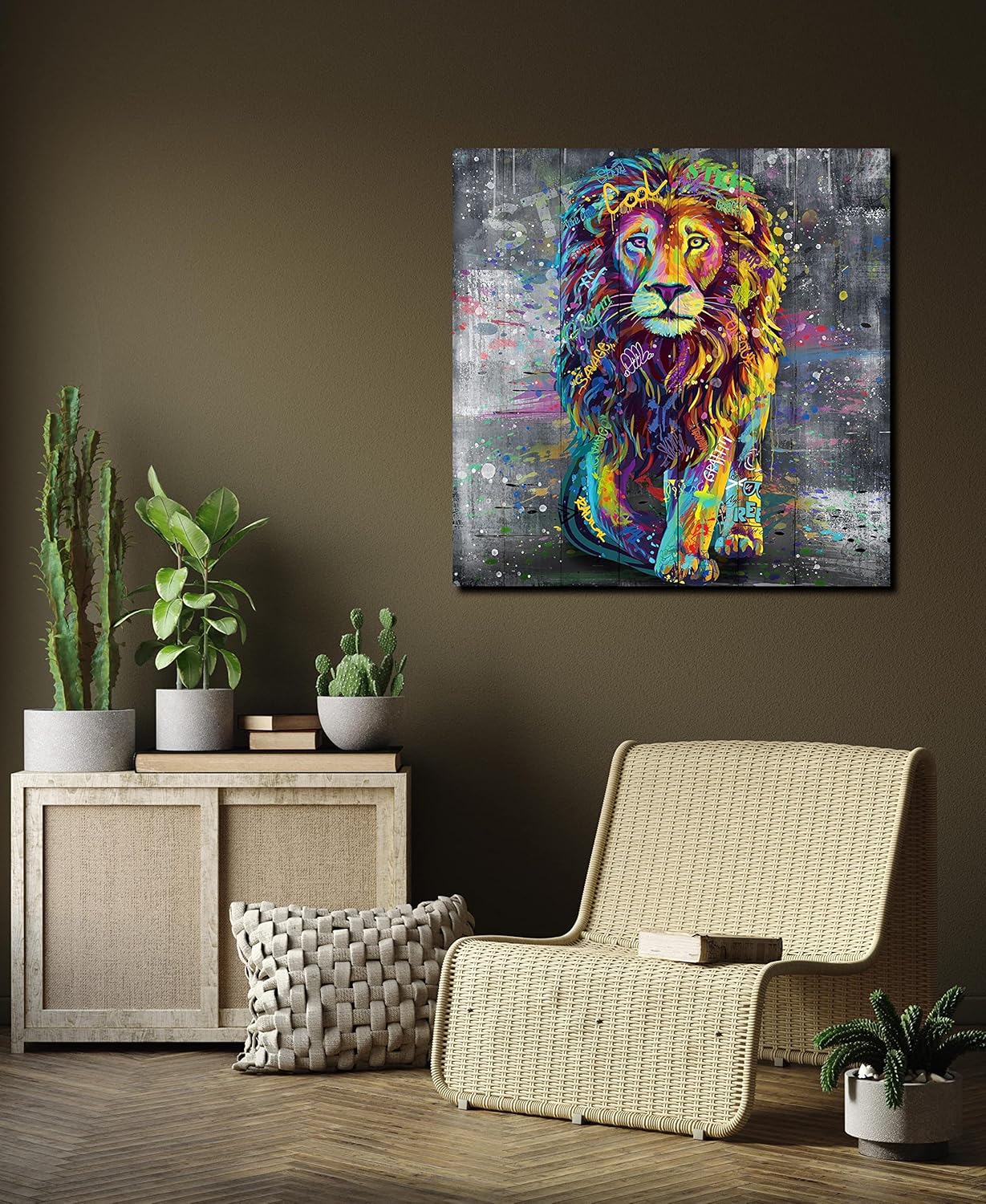 Xxliren Lienzo de grafiti con imágenes de león para sala de estar, tamaño grande, pintura de león, decoración de pared para decoración de habitación