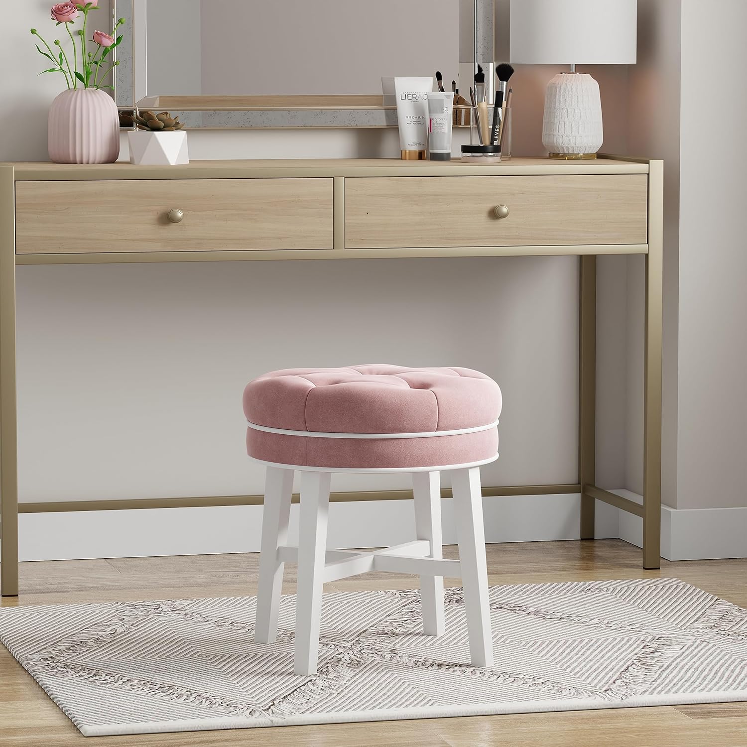 Hillsdale, Sophia Taburete redondo de madera capitoné y tapizado sin espalda para sala de maquillaje o baño, color rosa