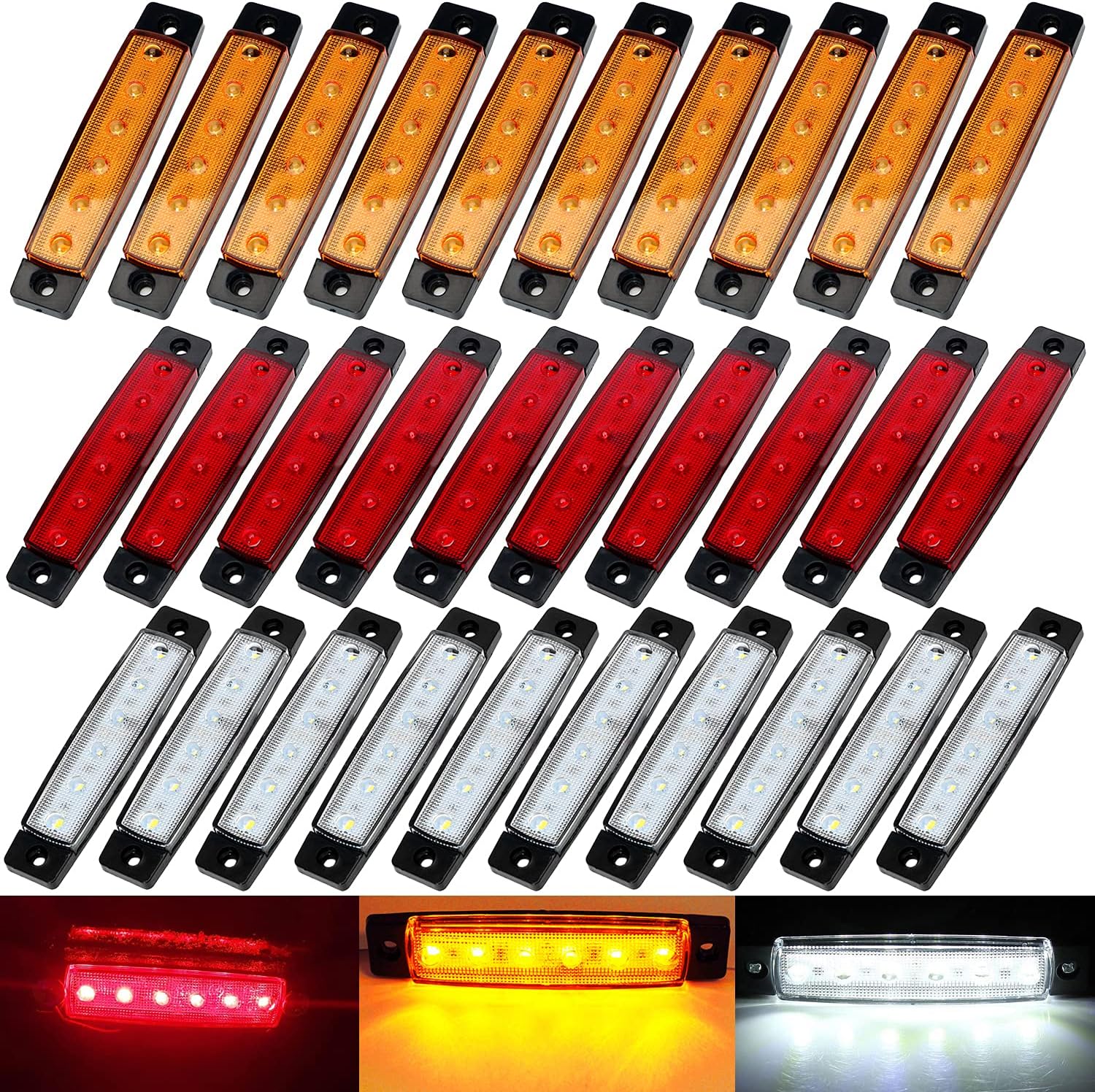 KEING Paquete de 30 indicadores LED sellados de 3.8 pulgadas, impermeables, ámbarrojoblanco, 6 indicadores de marcador, lámparas de liquidación de