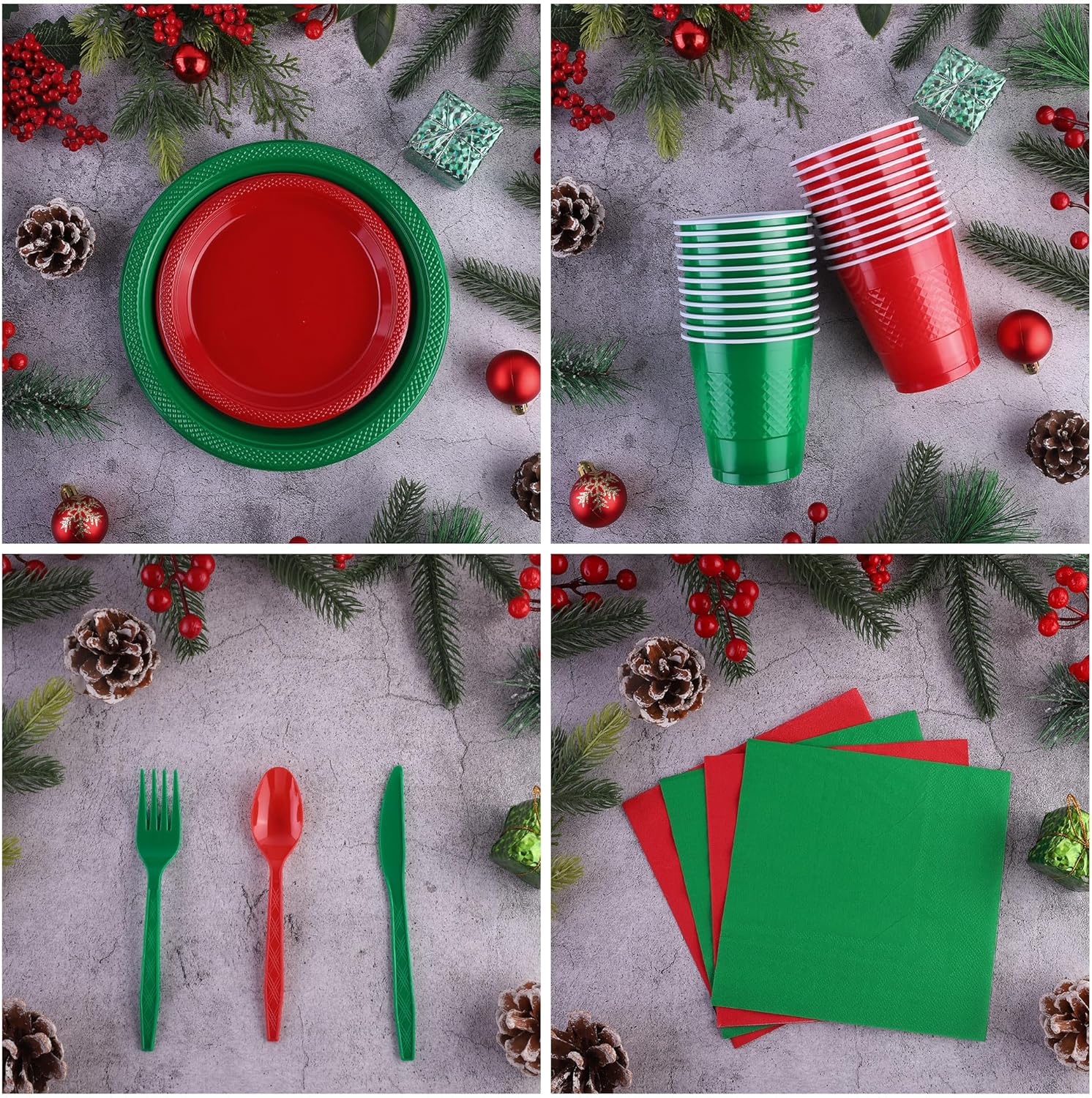 Juego de vajilla desechable de 168 piezas de Navidad rojo y verde para fiestas, incluye platos de plástico de Navidad, tazas, cuchillos, tenedores,