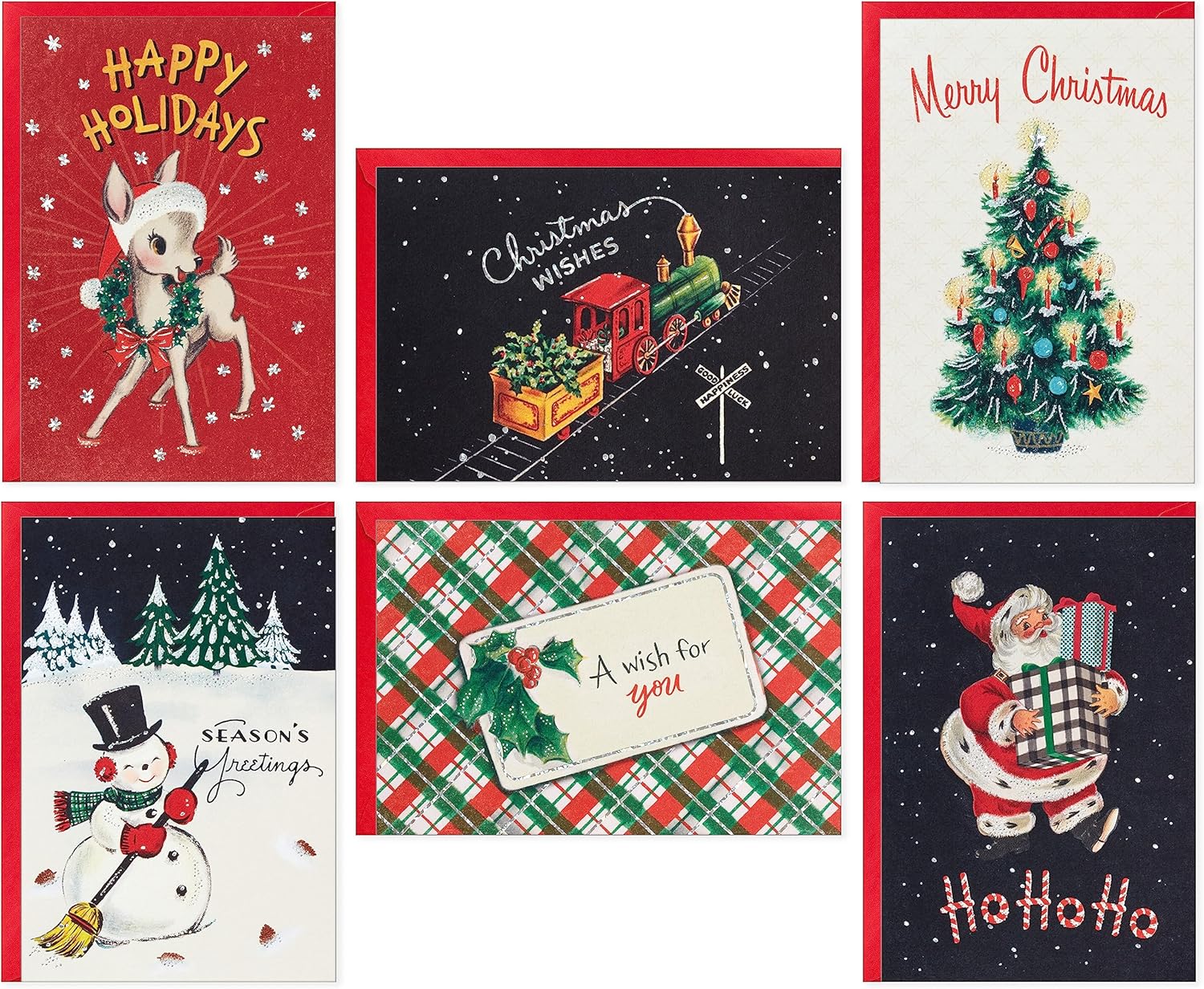 Hallmark Surtido de tarjetas navideñas vintage (36 tarjetas y sobres) Papá Noel retro, trenes de juguete, muñecos de nieve, árboles