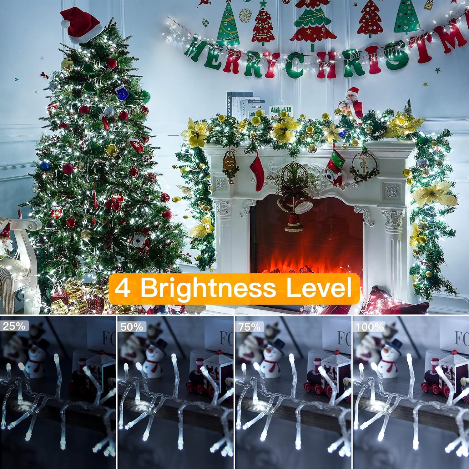Luces de Navidad para exteriores, 1000 luces LED de 50 pies, 4 unidades, brillantes, 8 modos de temporizador, control remoto, impermeable,