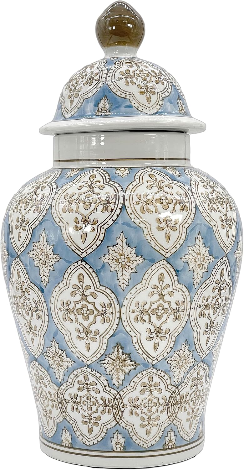 Galt International Tarro de jengibre de cerámica de mosaico pintado a mano azul claro y marrón de 18 pulgadas con tapa, porcelana chinoiserie