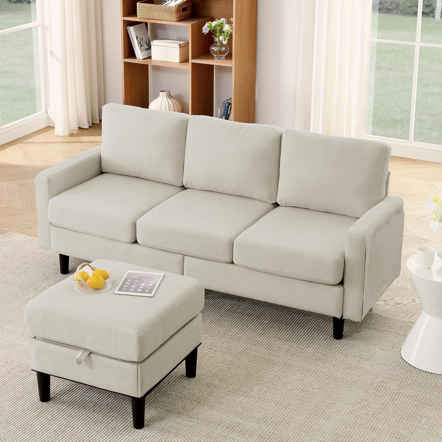 HAUSHECK Sofá modular convertible tapizado con banco otomano de almacenamiento reversible, juego de sofá pequeño en forma de L de 3 asientos para