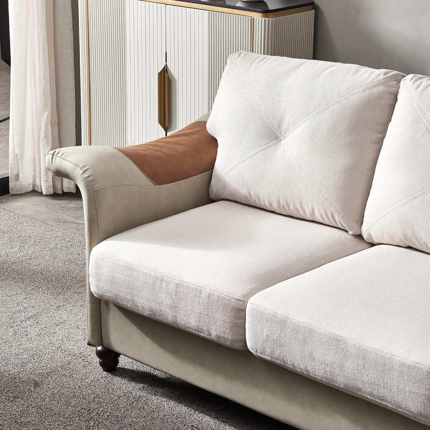 Harper & Bright Designs Sofá de 2 plazas con tela de lino, piel sintética, patas de madera maciza, sofá tapizado para 2 personas para sala de estar,
