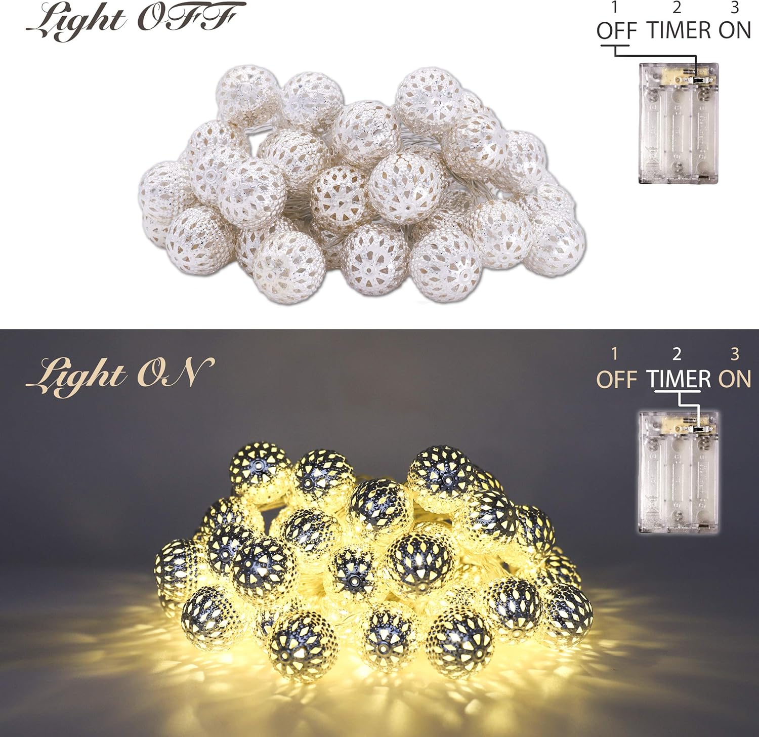 Guirnalda de luces marroquíes alimentadas por pilas, 40 luces LED plateadas con temporizador, luces blancas cálidas para bodas, vacaciones,