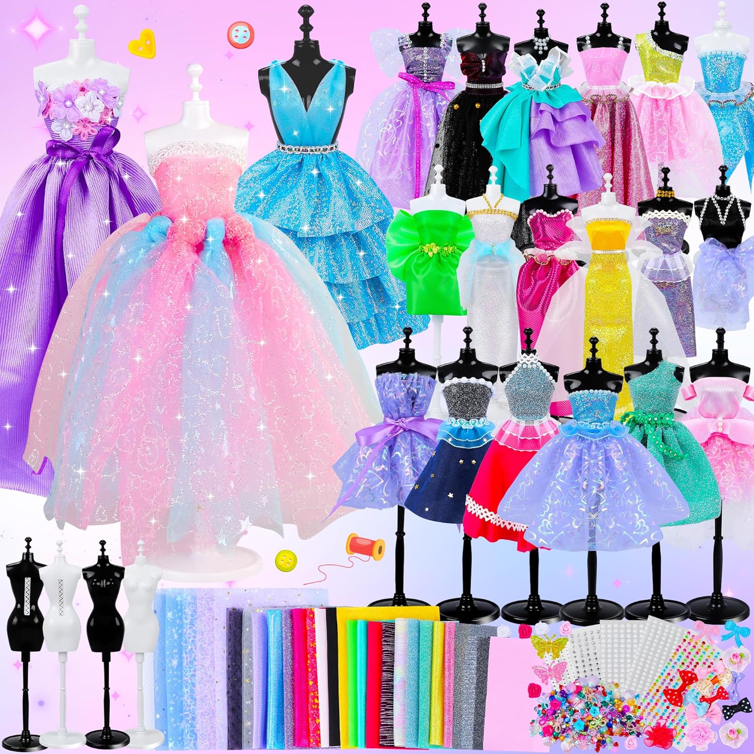 MINIFUN Kit de diseño de moda para niñas, kit de costura con 4 maniquíes, actividades de arte y manualidades para niños, kit de fabricación de ropa