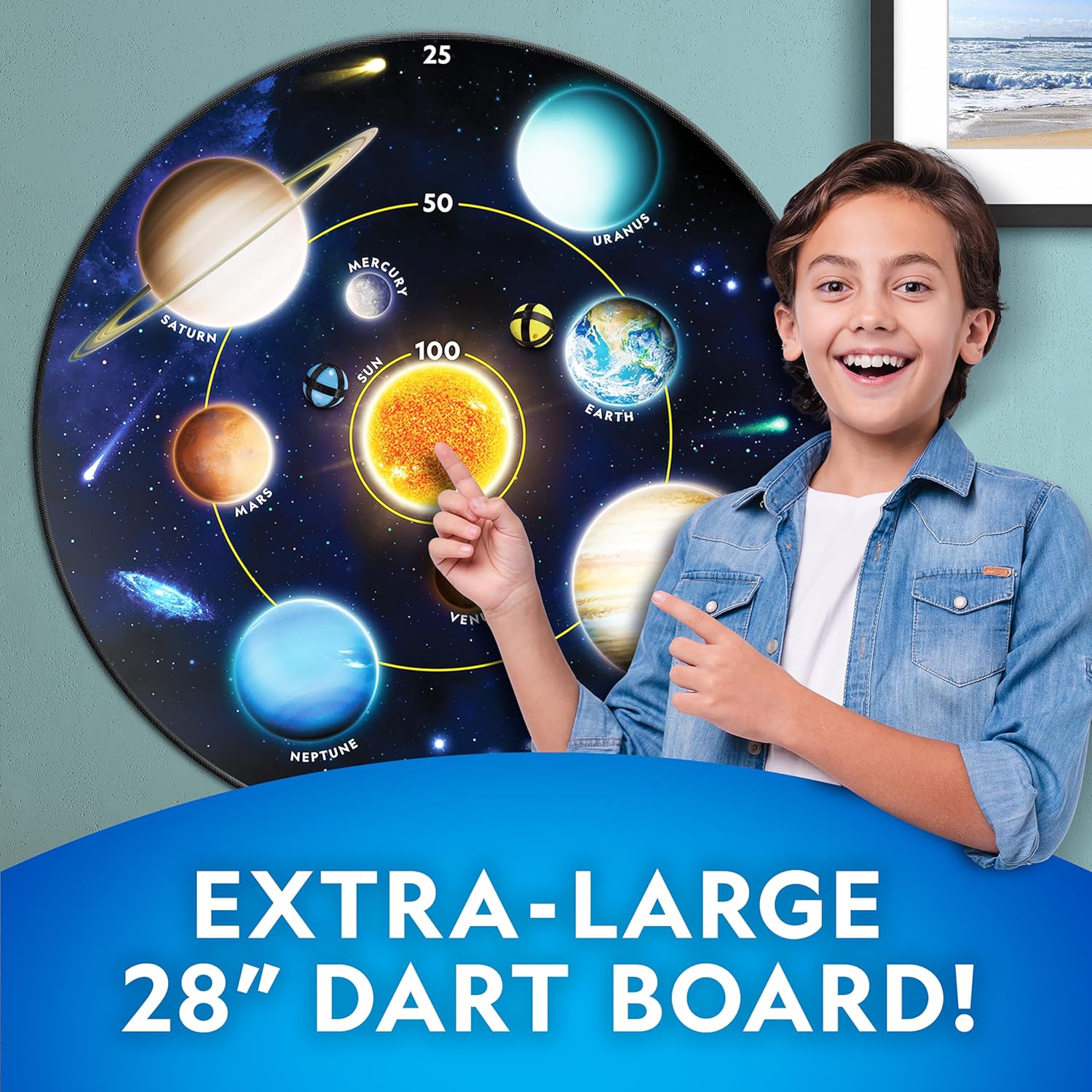 NATIONAL GEOGRAPHIC Tablero de dardos para niños, juego de dardos con diana reversible ligera de 28 pulgadas y bolas adhesivas en 4 colores, juegos