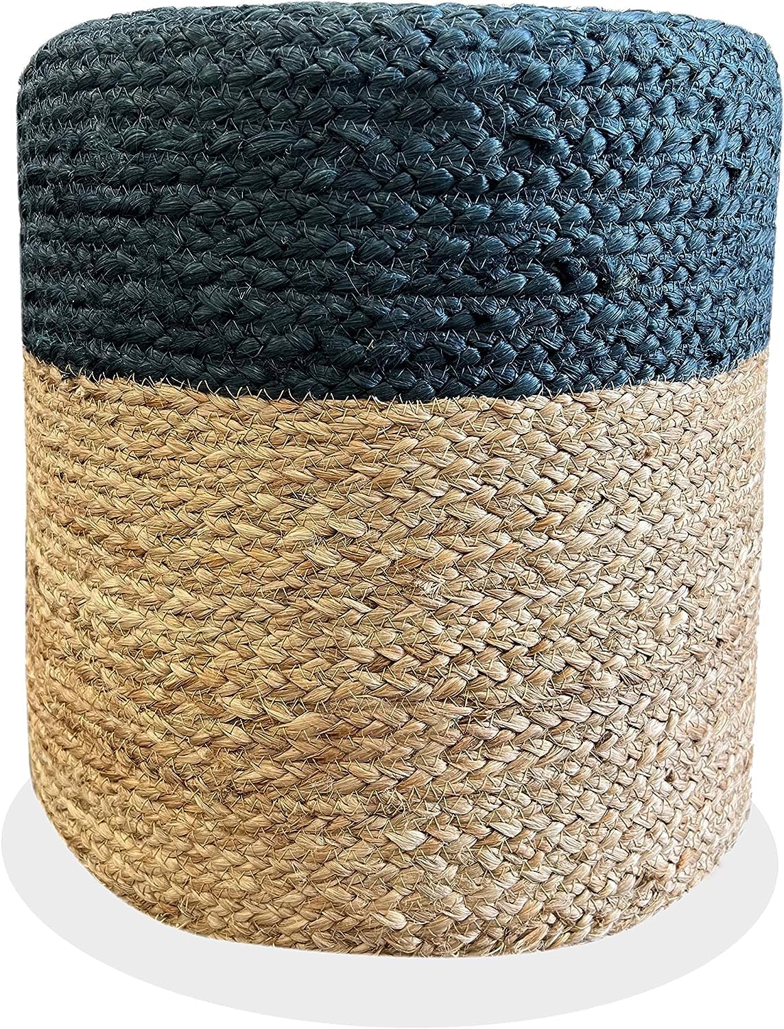 Puf otomano de yute, puf reposapiés, trenzado a mano, redondo, bohemio, para sala de estar, dormitorio, guardería (16 x 16 x 16 pulgadas), azul
