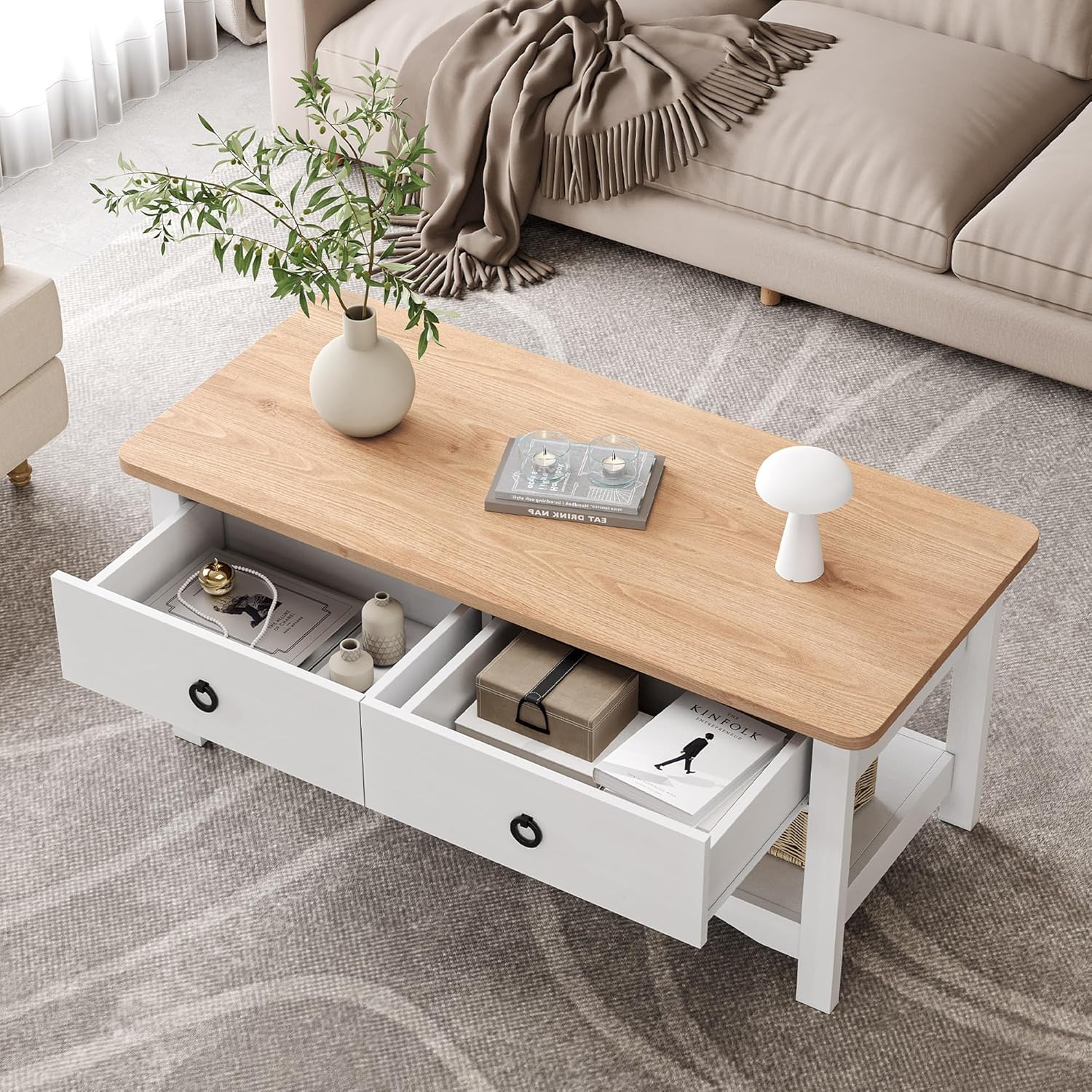 DWVO Mesa de centro rústica, mesas de centro rectangulares con estante de almacenamiento y cajones, mesa de centro de mesa de madera natural para