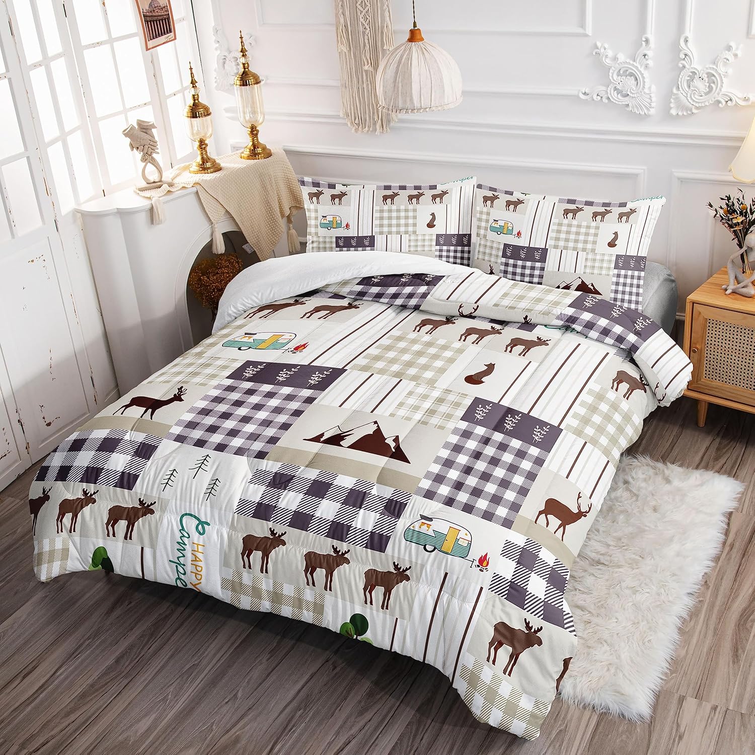 Datura home Happy Camper – Juego de edredón rústico con estampado de ciervos y camper con 1 edredón y 2 fundas de almohada para dormitorio de niños