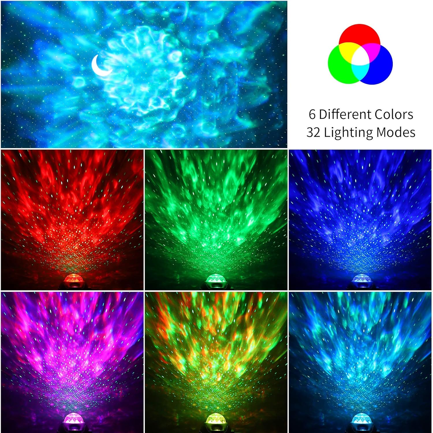 Proyector de estrellas, proyector de Navidad, proyector de luz nocturna de galaxia LED 4 en 1 con luna y estrella, proyector de olas oceánicas con