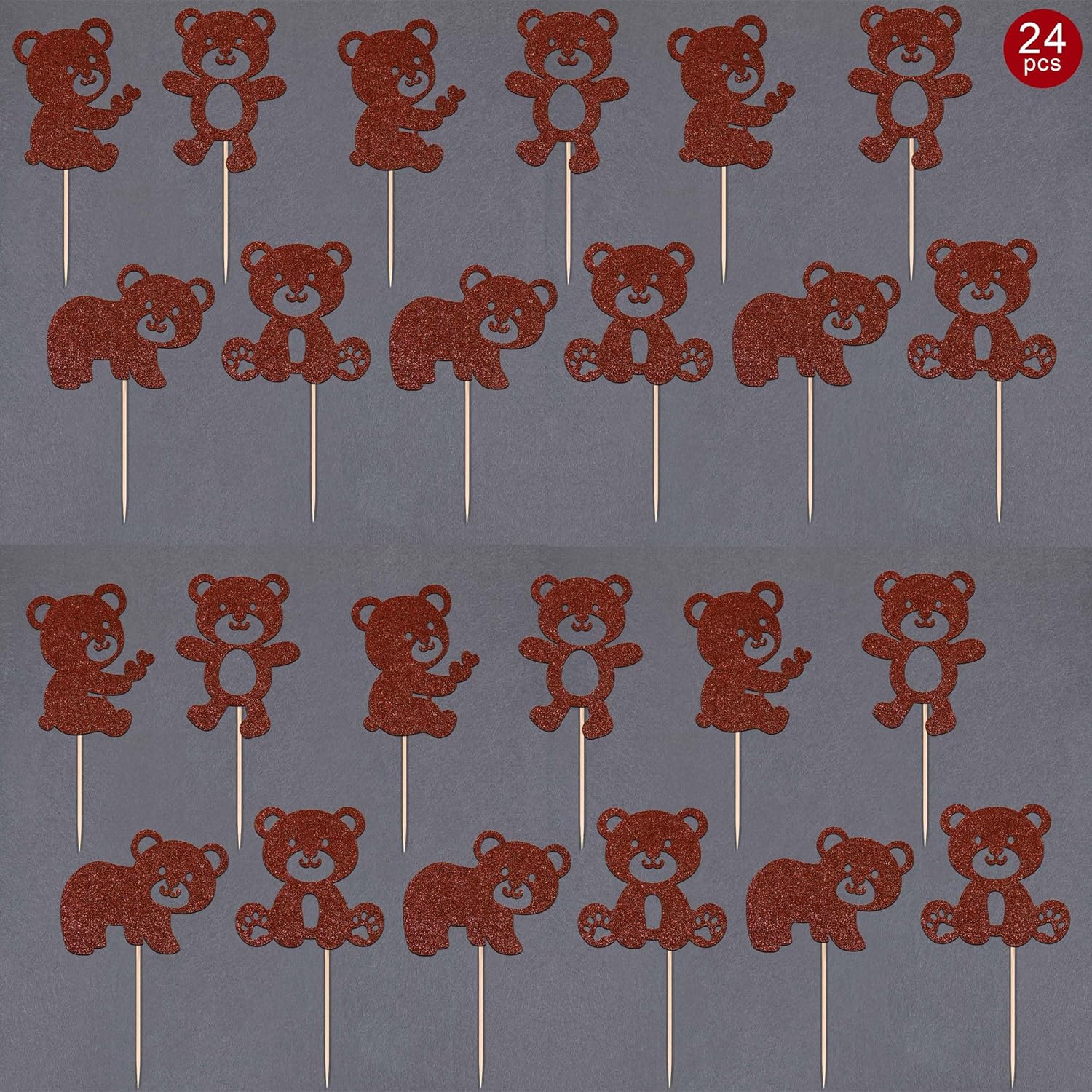 24 piezas de decoración para cupcakes de oso marrón con purpurina marrón de doble cara para cupcakes de oso de amor, decoración de pasteles de