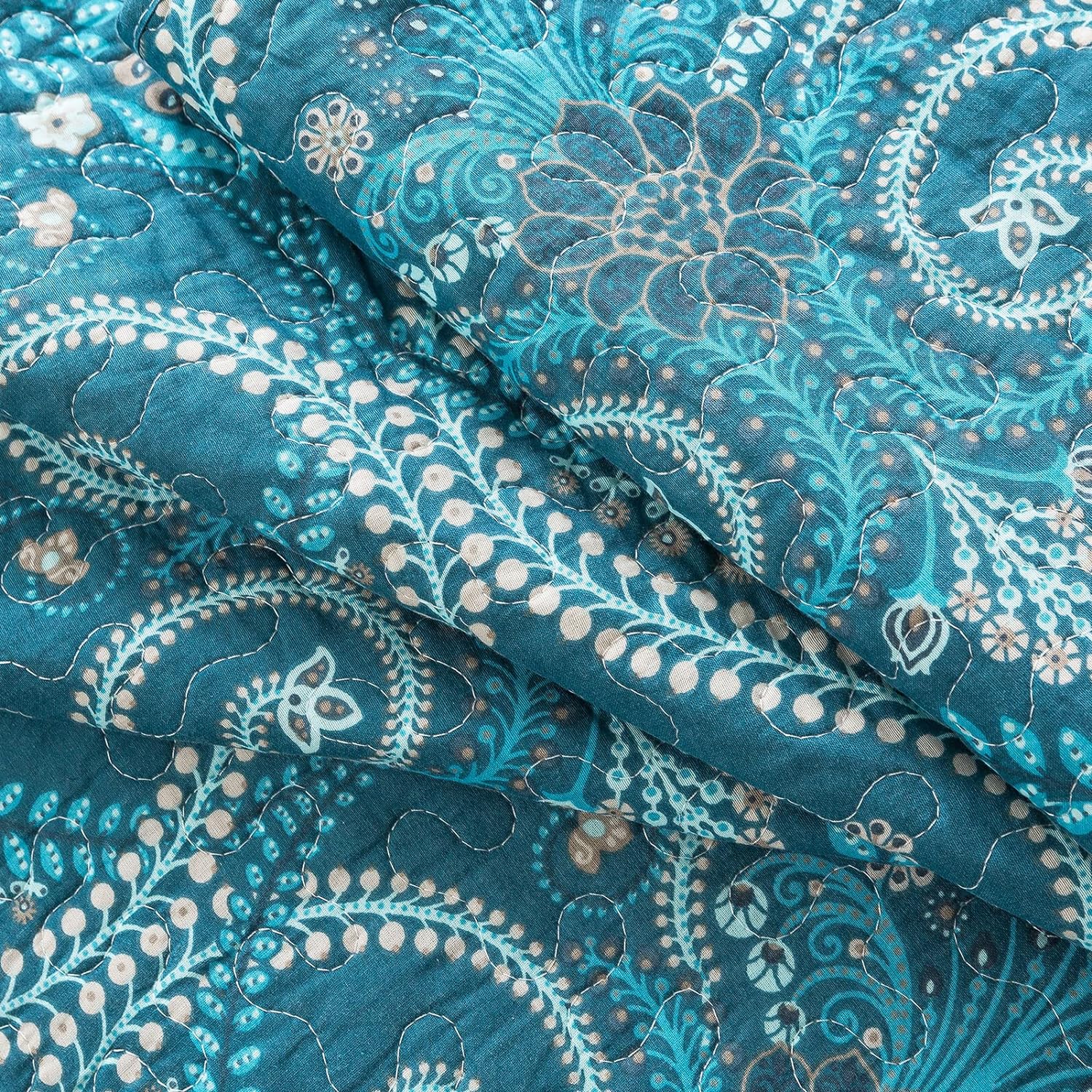 NEWLAKE Juego de colcha de algodón, juego de colcha reversible de retazos, estampado real clásico turquesa, tamaño Queen