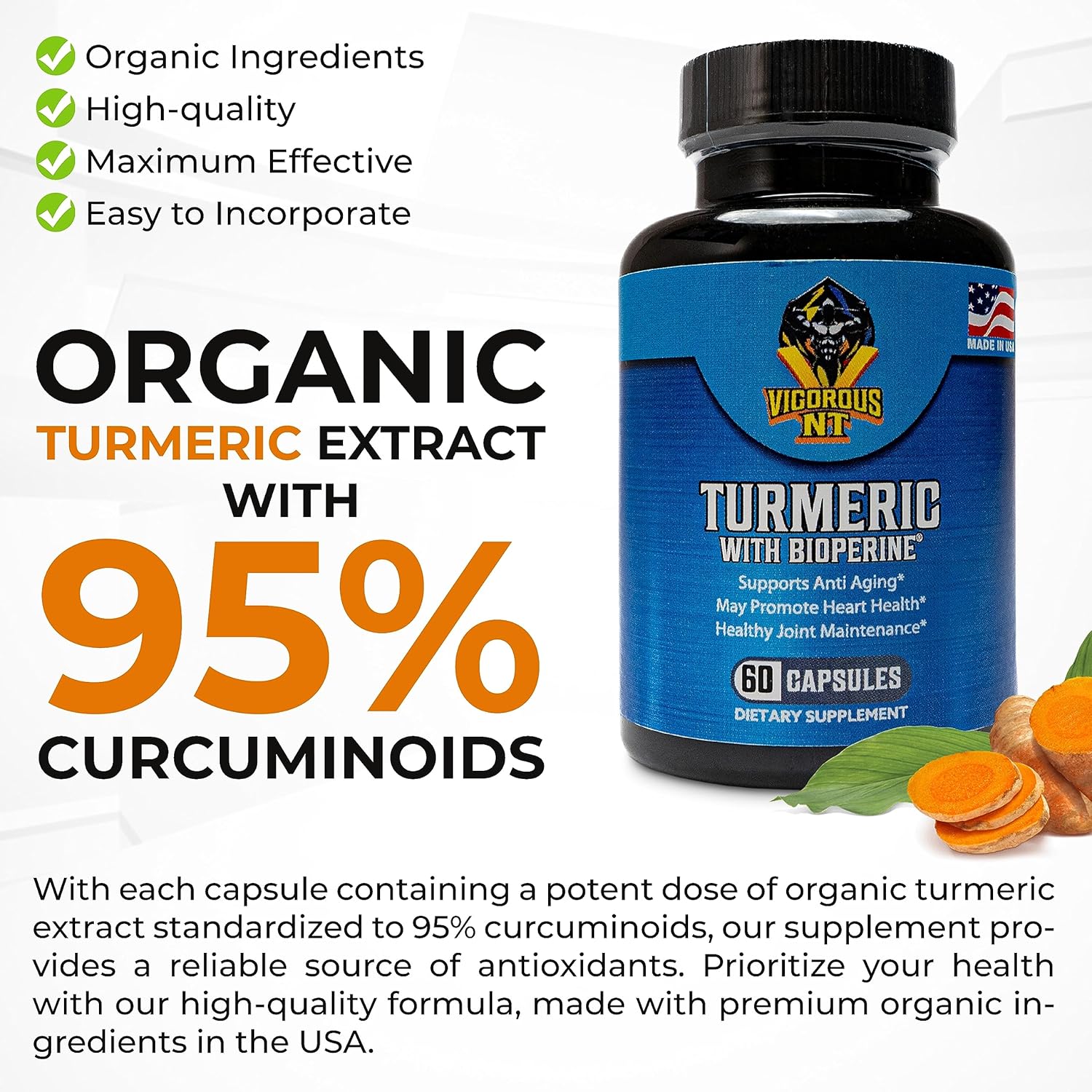 Vigorous NT – Suplemento de cúrcuma con BioPerine, fórmula de absorción mejorada, extracto de cúrcuma orgánico con 95% de curcuminoides, promueve el