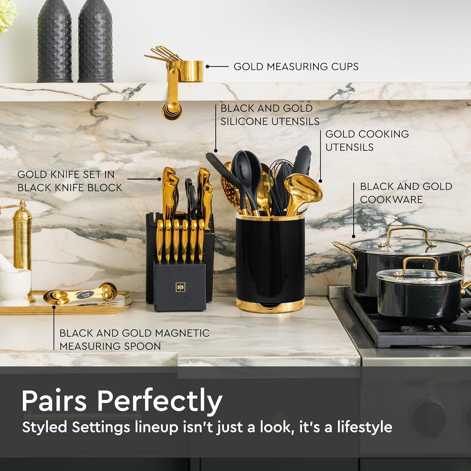 Styled Settings Soporte para utensilios negro y dorado con soporte de cuchara integrado, 2 soportes grandes de cerámica para utensilios de cocina,