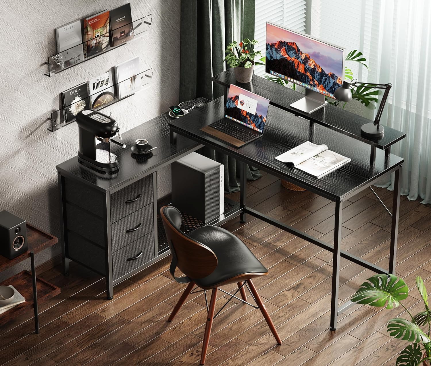 Huuger Escritorio reversible en forma de L para computadora con cajones, escritorio para juegos con luces LED y tomas de corriente, escritorio de