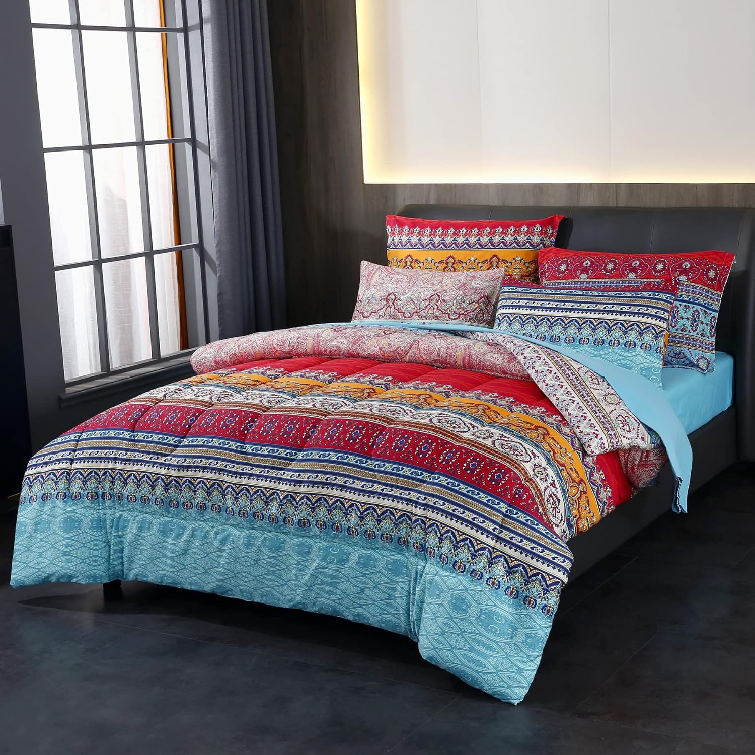 Juego de edredón reversible de 7 piezas con estampado colorido de estilo bohemio rojo y azul, tamaño matrimonial (1 edredón, 1 sábana encimera, 1