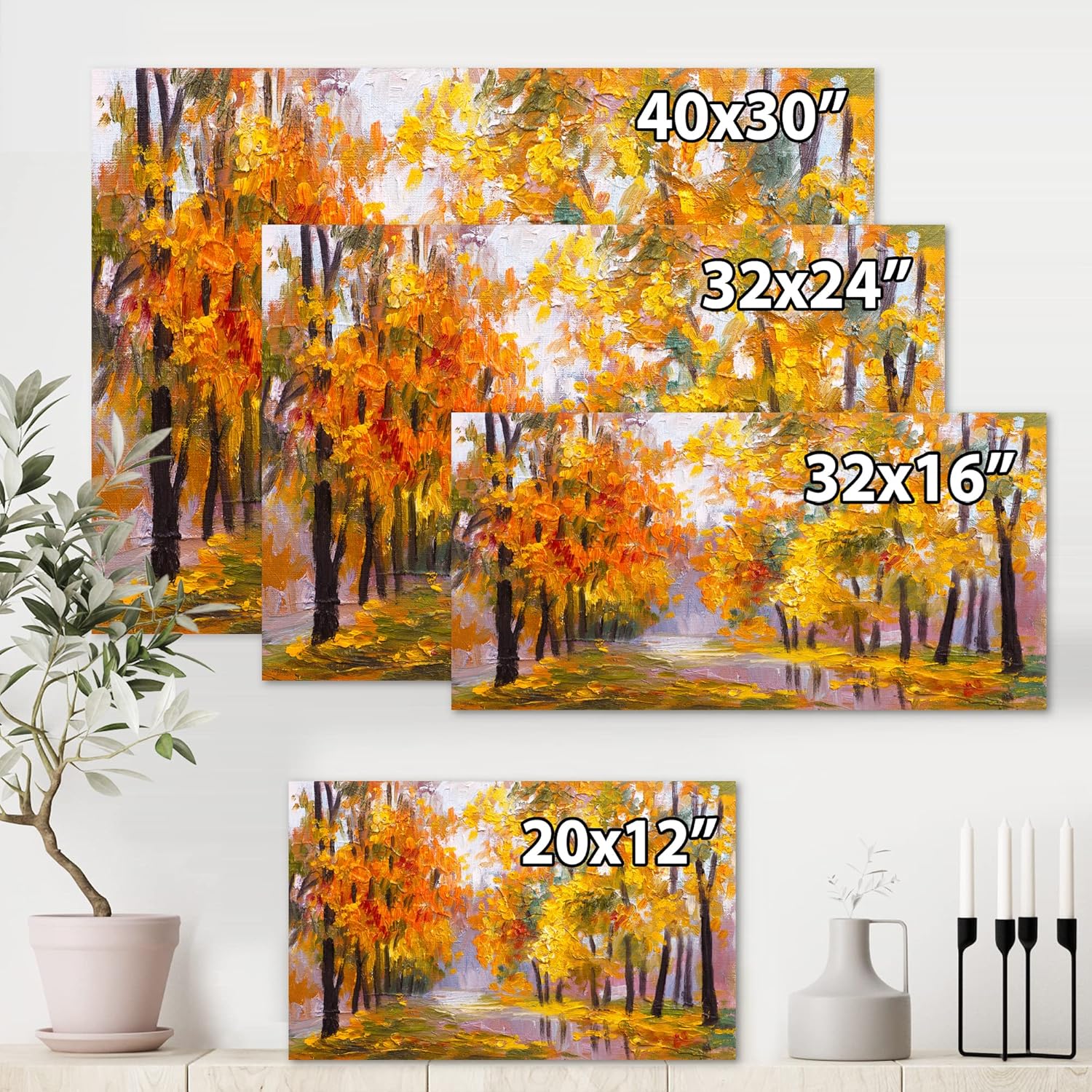 Lienzo decorativo para pared, diseño de bosque lleno de hojas caídas en otoño, casa del lago, color naranja, 32 x 24 pulgadas