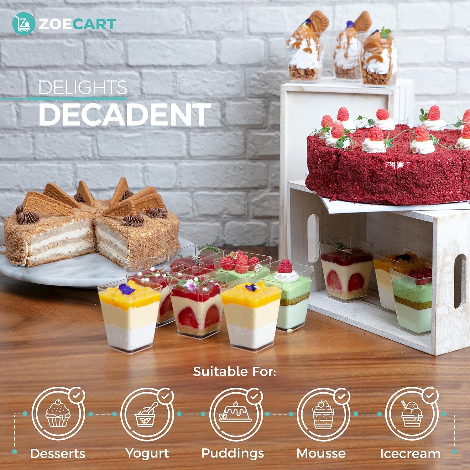 Paquete de 100 tazas y cucharas de postre de plástico de 5 onzas, tazas de parfait transparentes, mini tazas de postre con cucharas, tazas cuadradas