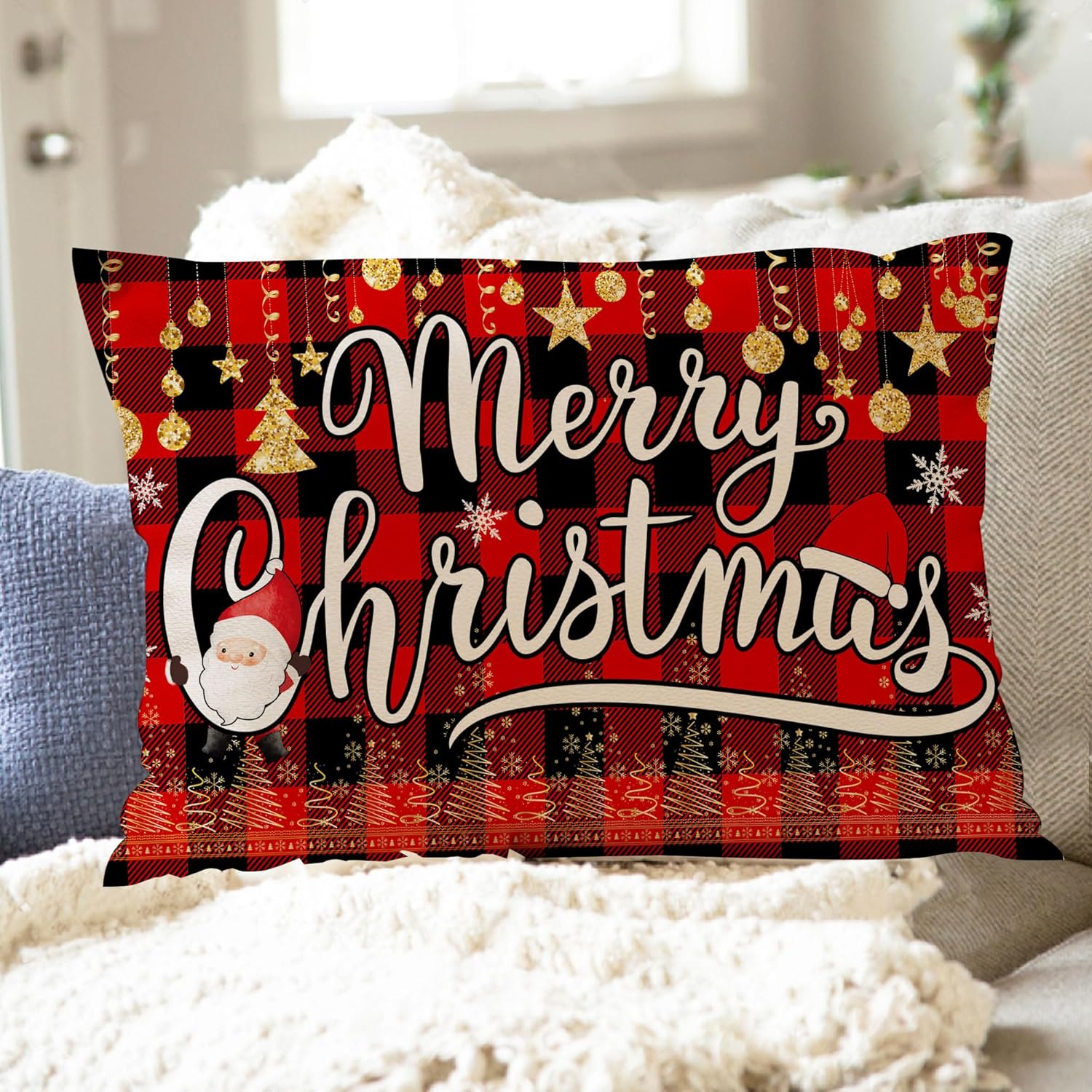 Unibyby Funda de almohada de Navidad de 12 x 20 pulgadas, funda de almohada lumbar de Feliz Navidad, funda de almohada decorativa de Navidad a