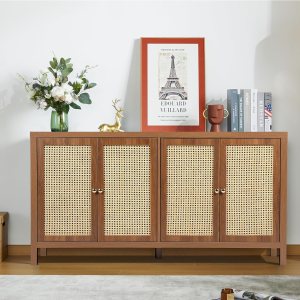 RARZOE Aparador de ratán, armario de almacenamiento con 4 puertas de ratán, moderna mesa consola de armario de almacenamiento con estantes RARZOE Aparador de ratán, armario de almacenamiento con 4 puertas de ratán, moderna mesa consola de armario de almacenamiento con estantes
