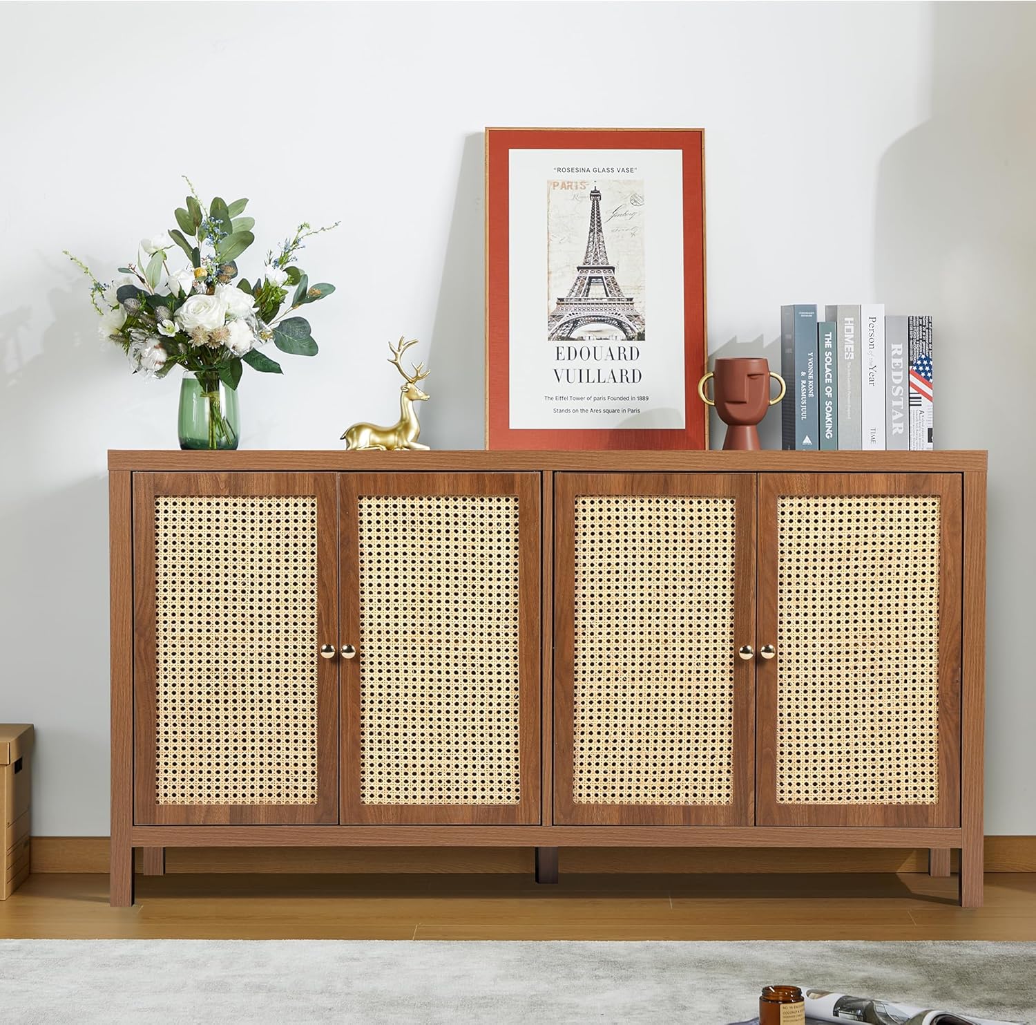RARZOE Aparador de ratán, armario de almacenamiento con 4 puertas de ratán, moderna mesa consola de armario de almacenamiento con estantes