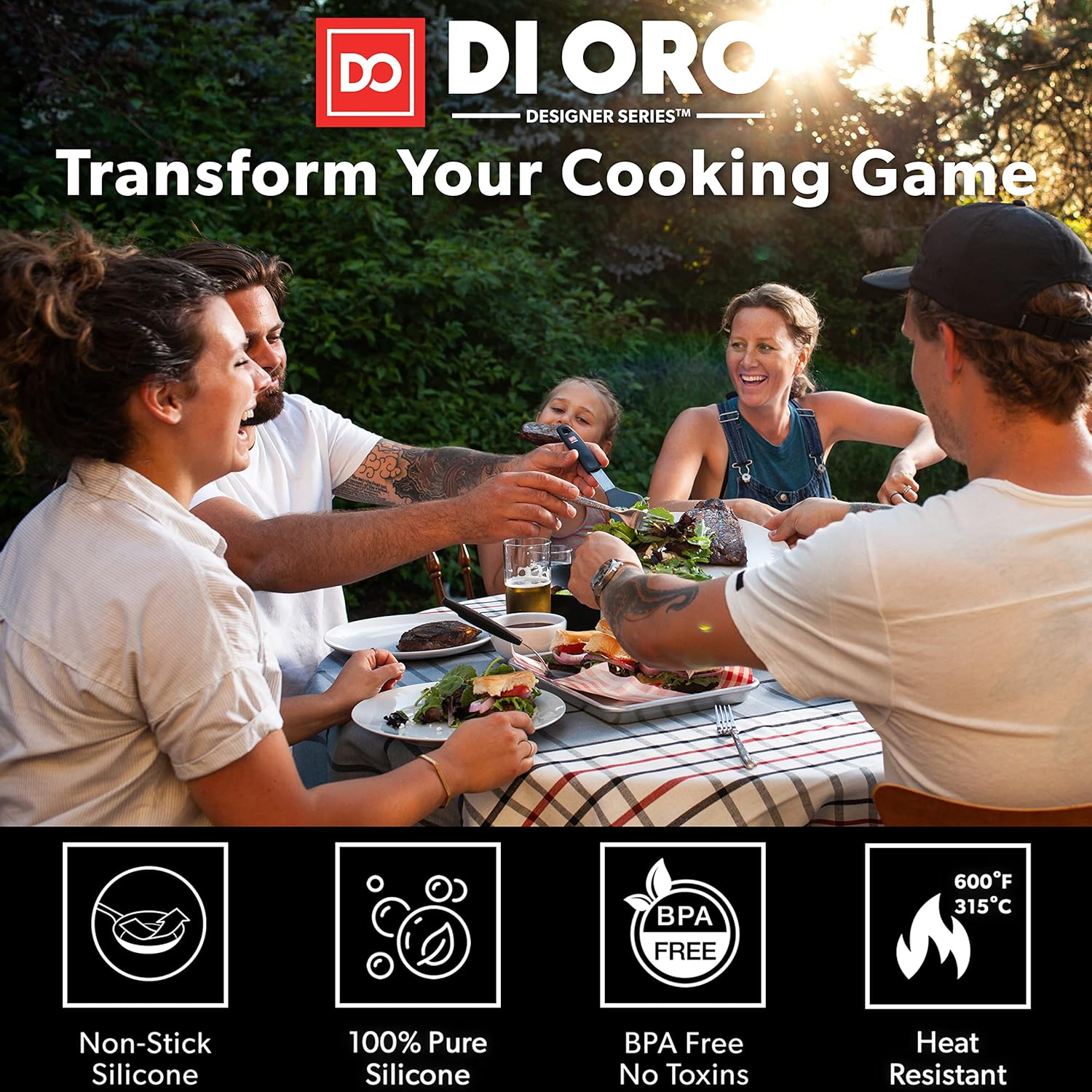 DI ORO – Juego de utensilios de cocina de silicona de 9 piezas, resistente al calor, antiadherente, flexible, espátulas de silicona sin costuras,