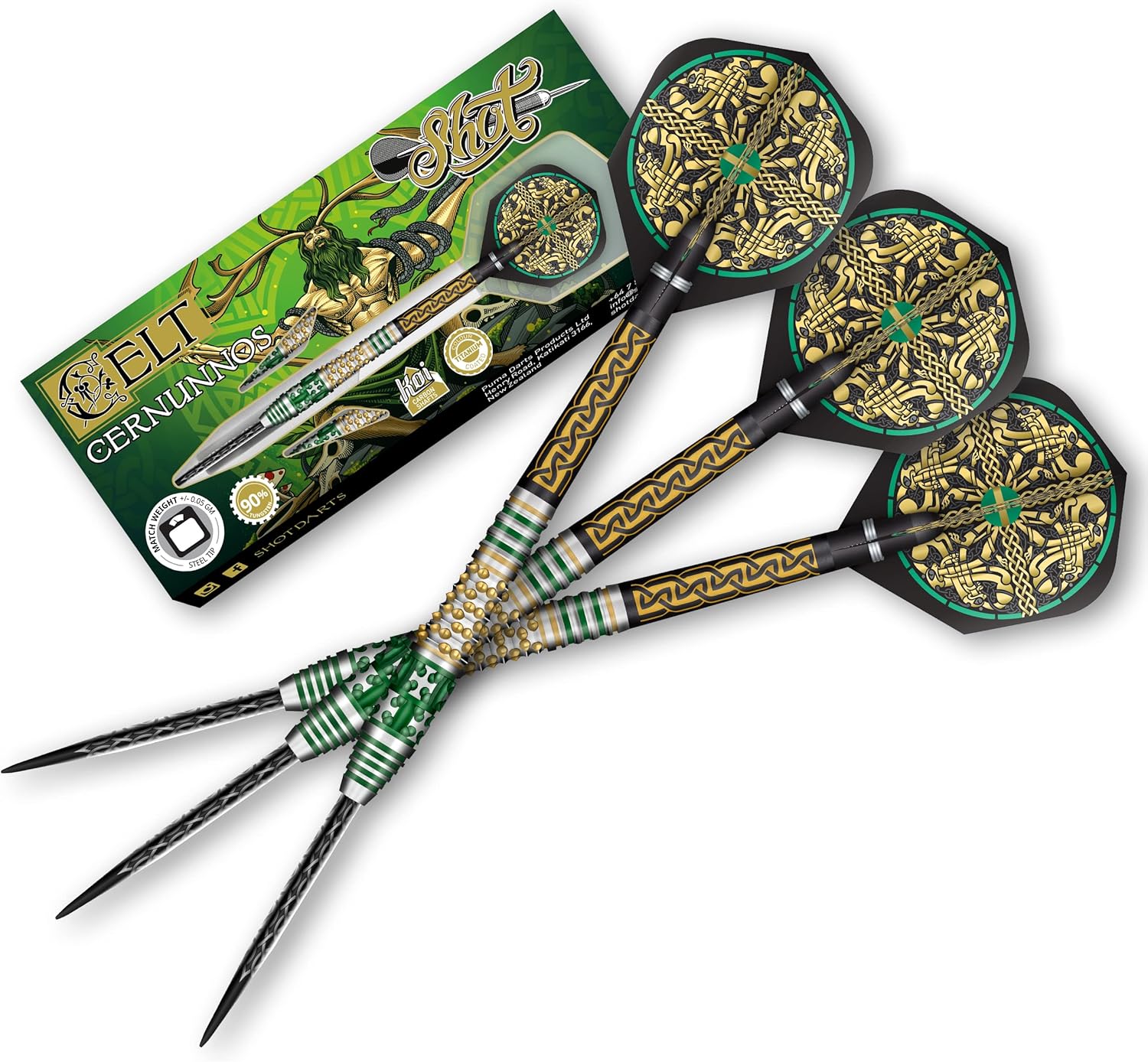 Shot! Celt Cernunnos – Juego de dardos de punta de acero 90% tungsteno profesional, fabricado en Nueva Zelanda – Vuelos de dardos diseñados para