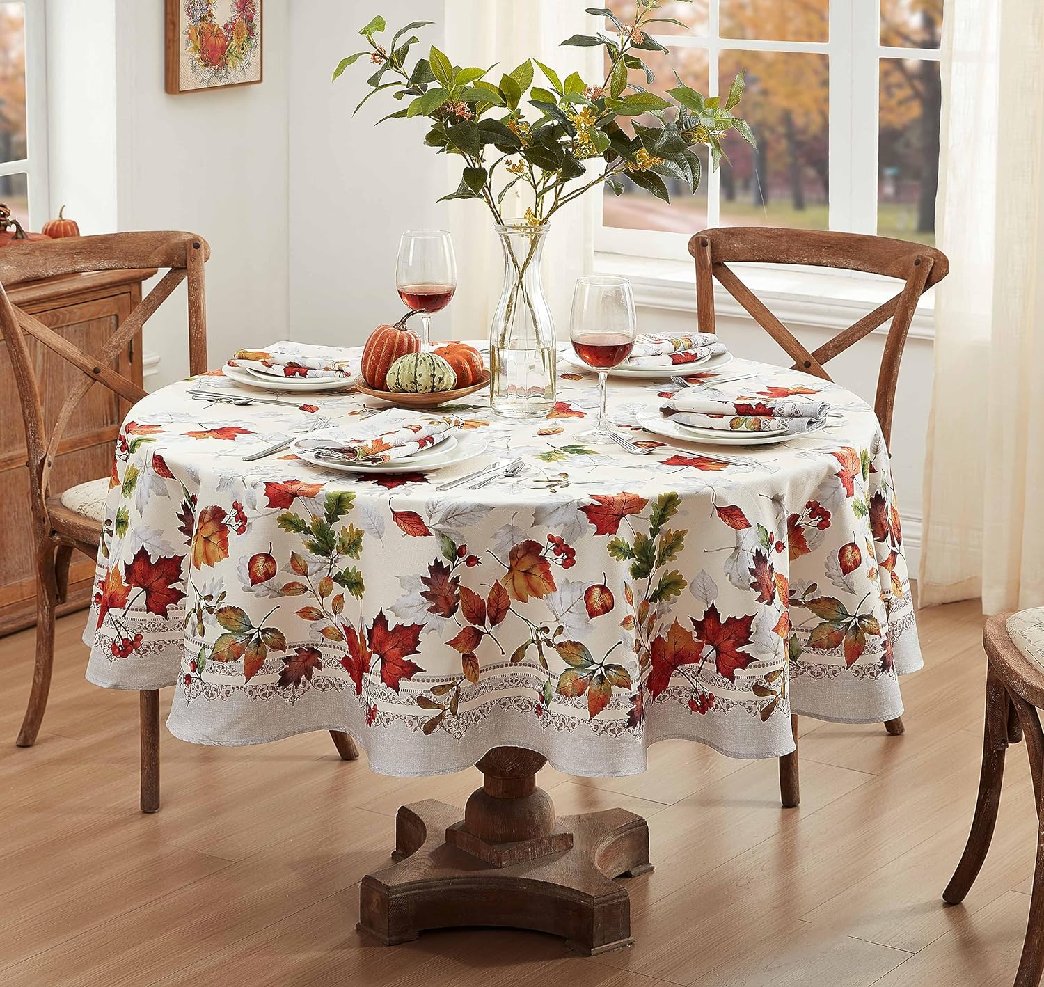 Newbridge Autumn Essentials – Mantel de tela con borde de follaje de otoño, hojas cambiantes, de fácil cuidado, a prueba de manchas, resistente a