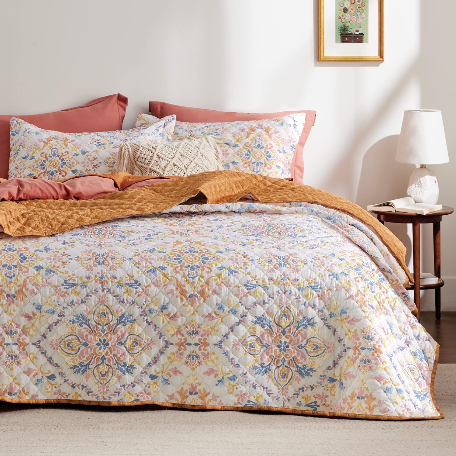 Bedsure Juego de edredón bohemio tamaño Queen  Juego de ropa de cama reversible naranja bohemio de 3 piezas, colcha de microfibra ligera, juego de