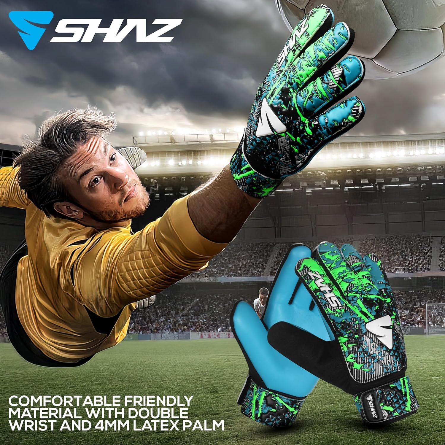 Shaz Guantes de portero de fútbol para niños y jóvenes, guantes de portero de fútbol Funky antideslizantes de 0.157 in con palma de látex con agarre